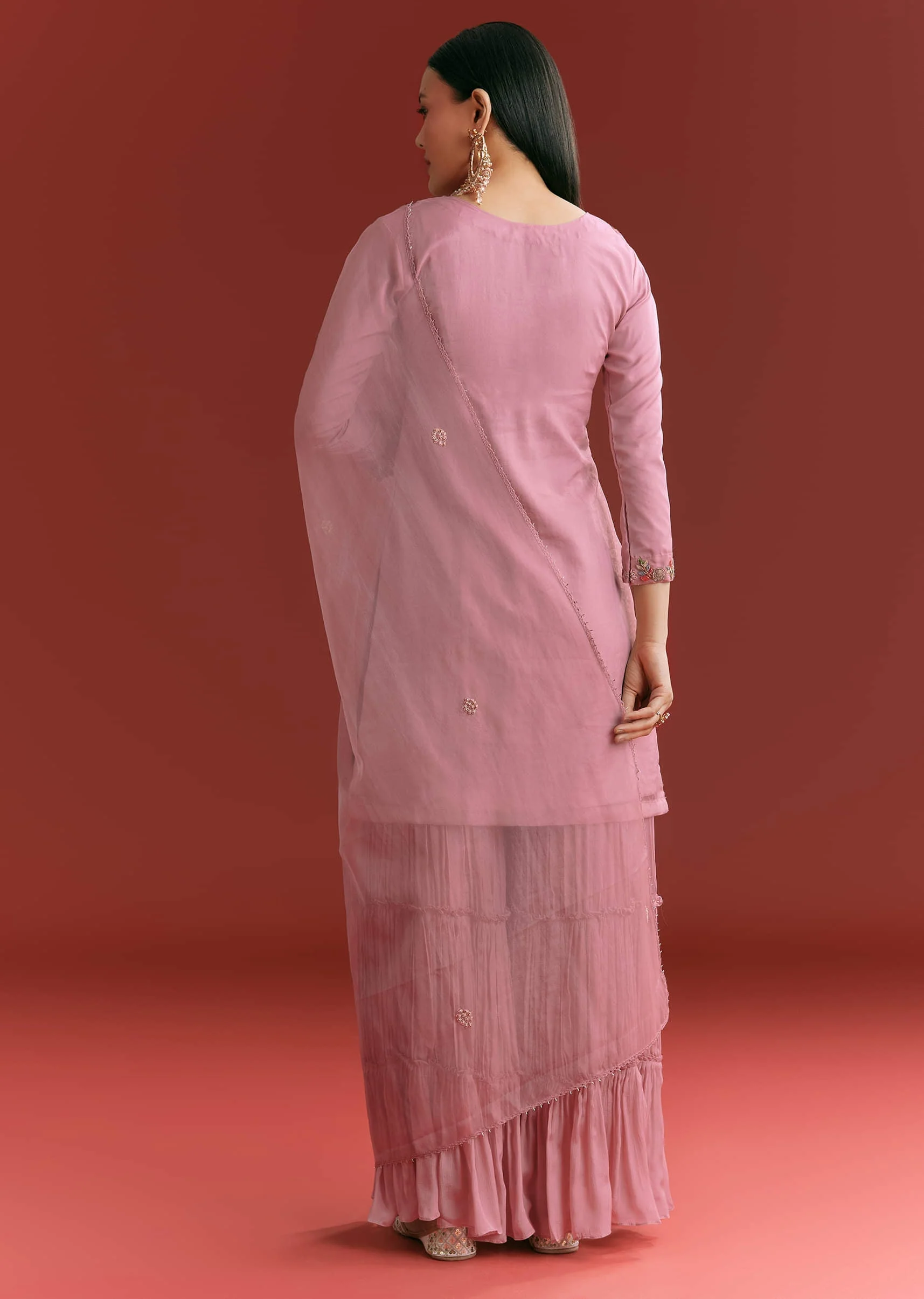 Light Pink Organza Kurta Sharara Suit With Embroidery - Image 5