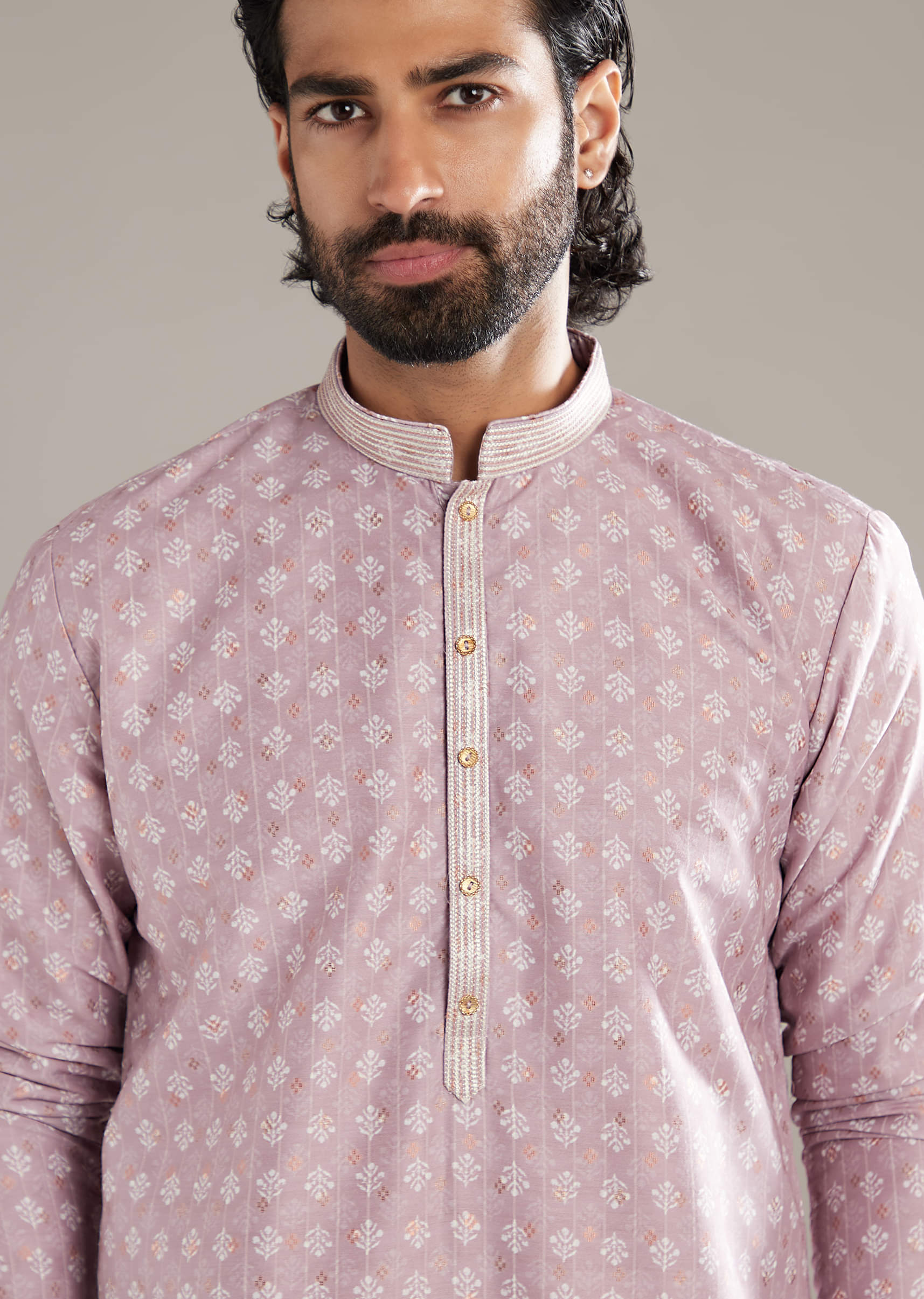 Light Pink Silk Kurta Set For Men With Floral Print - Image 2