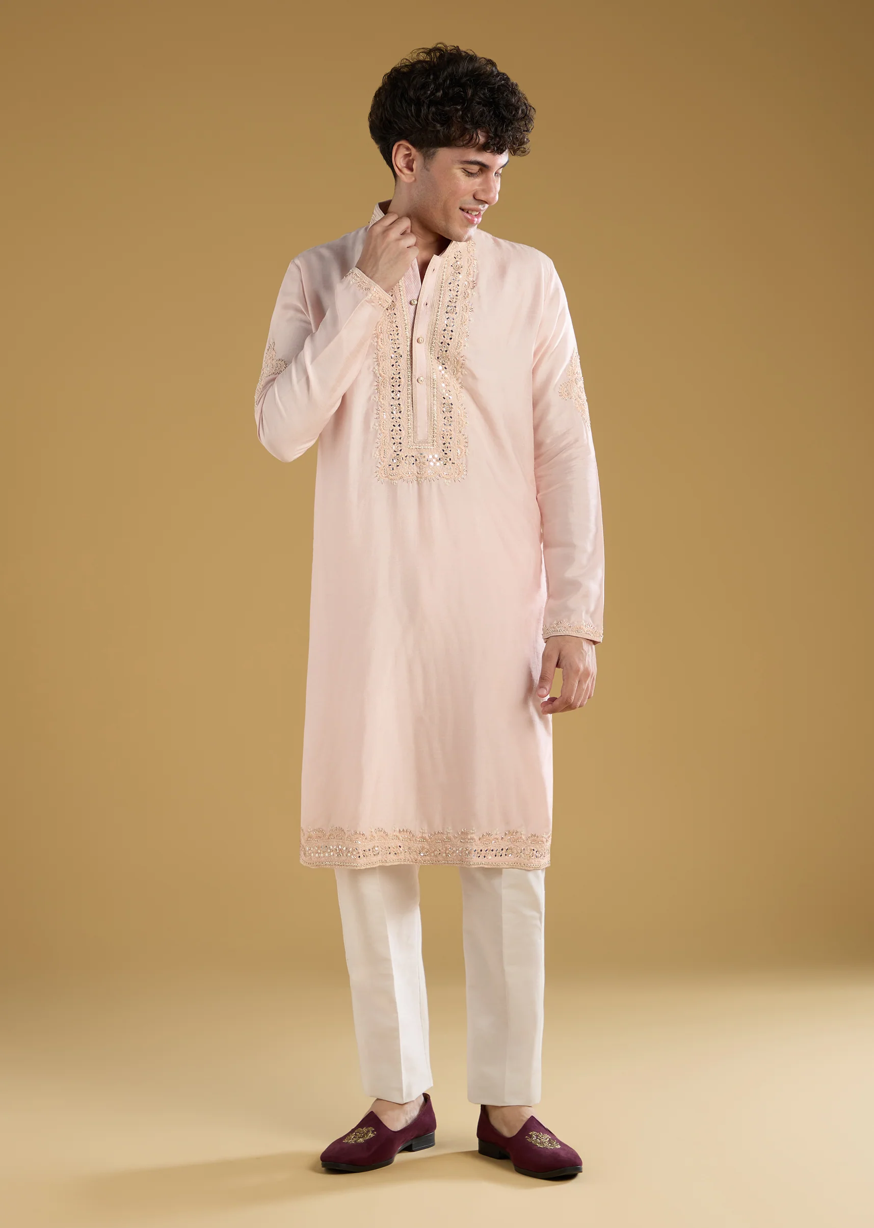 Light Pink Silk Mirror Threadwork Kurta Set