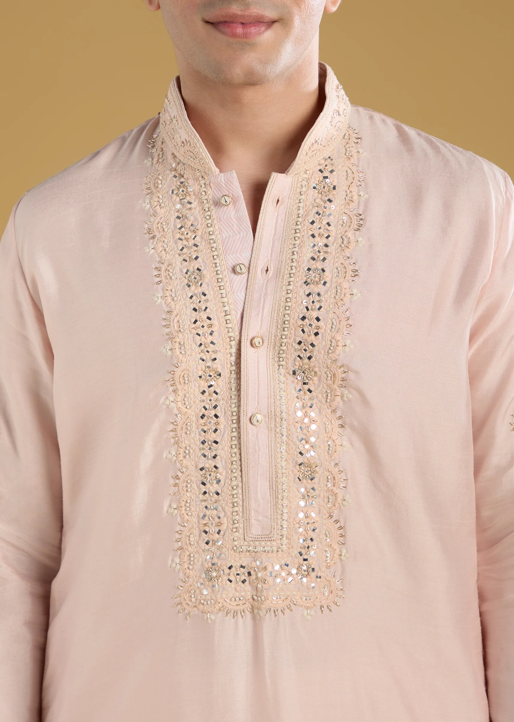 Light Pink Silk Mirror Threadwork Kurta Set - Image 2
