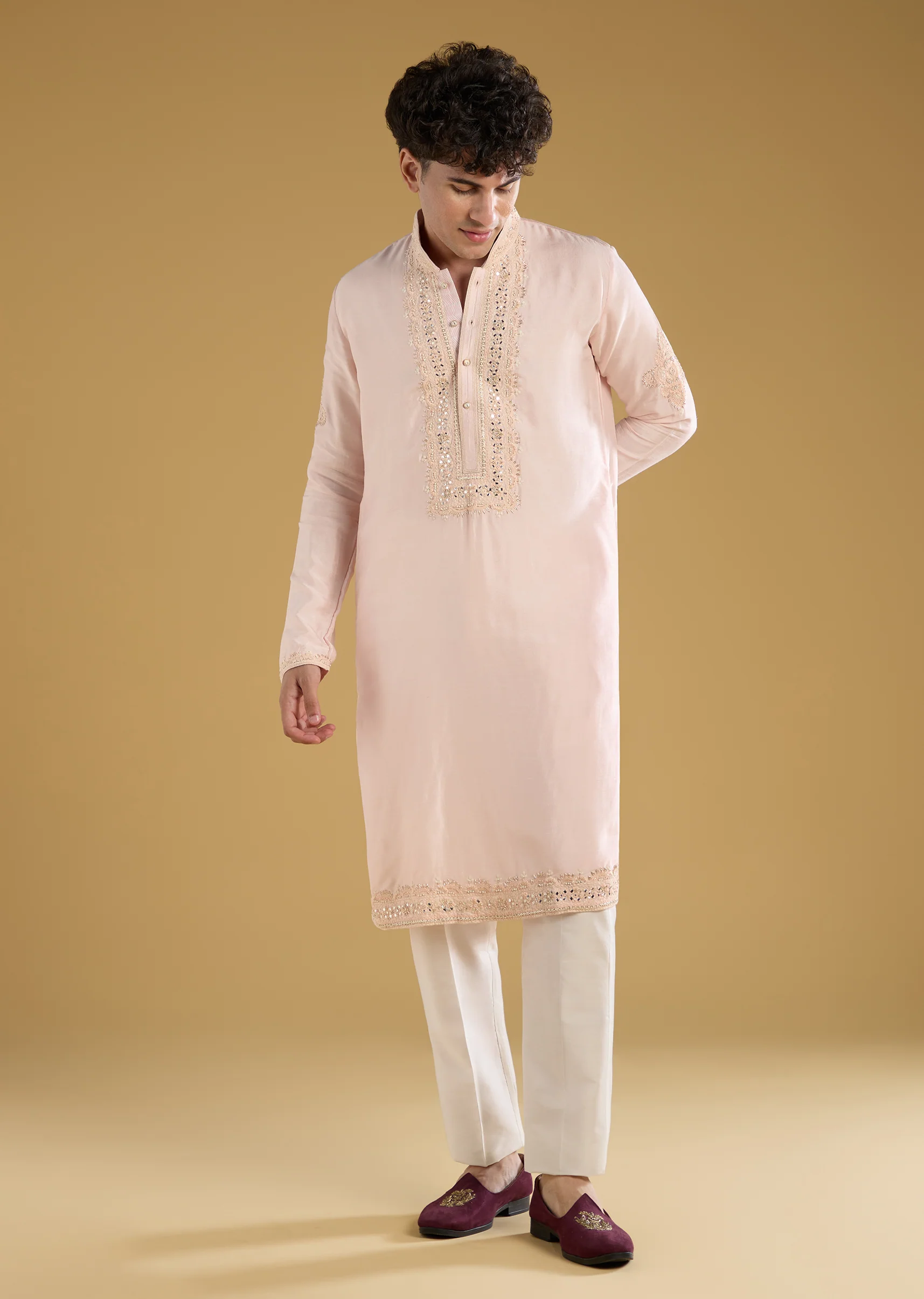 Light Pink Silk Mirror Threadwork Kurta Set - Image 3