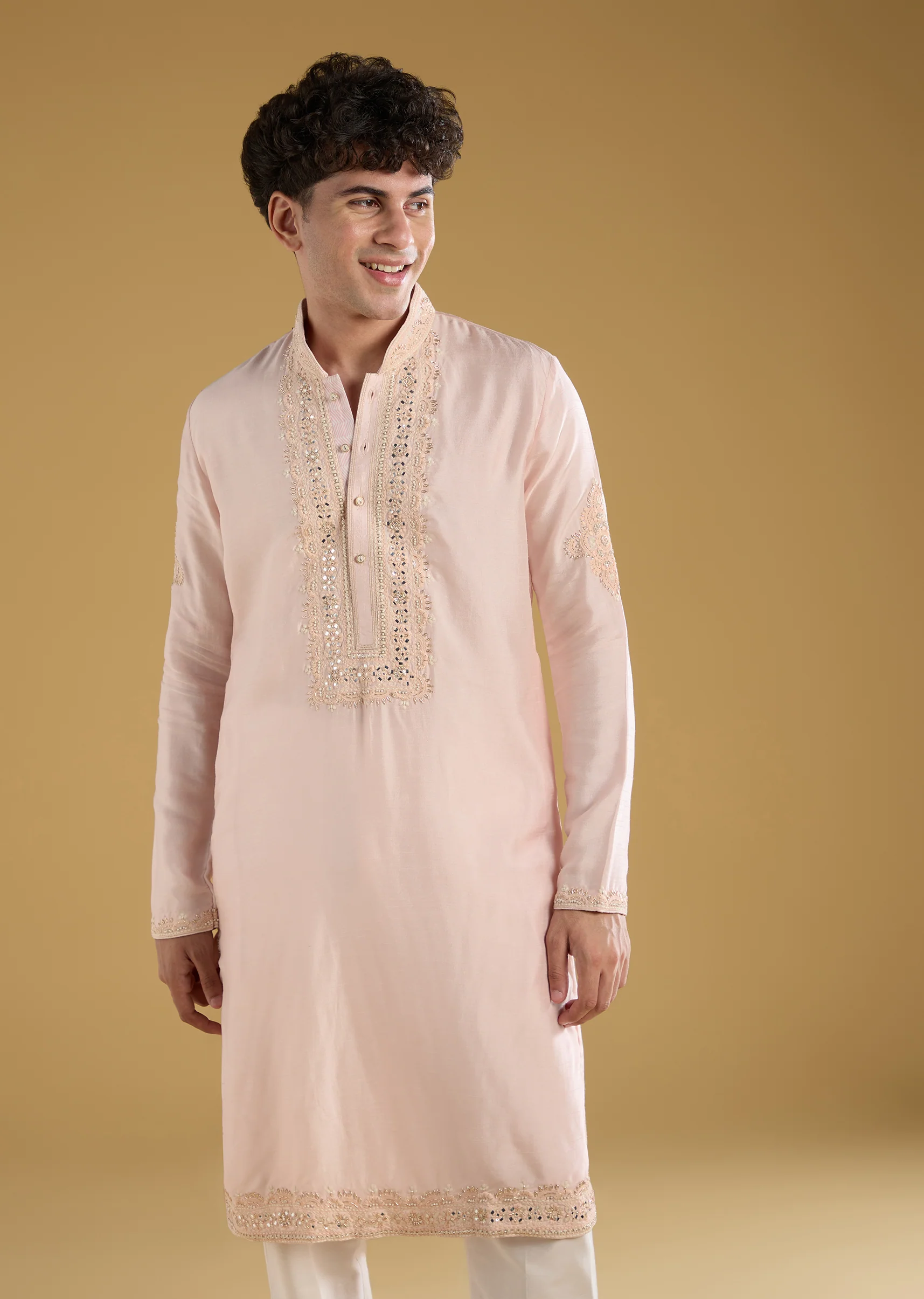 Light Pink Silk Mirror Threadwork Kurta Set - Image 4