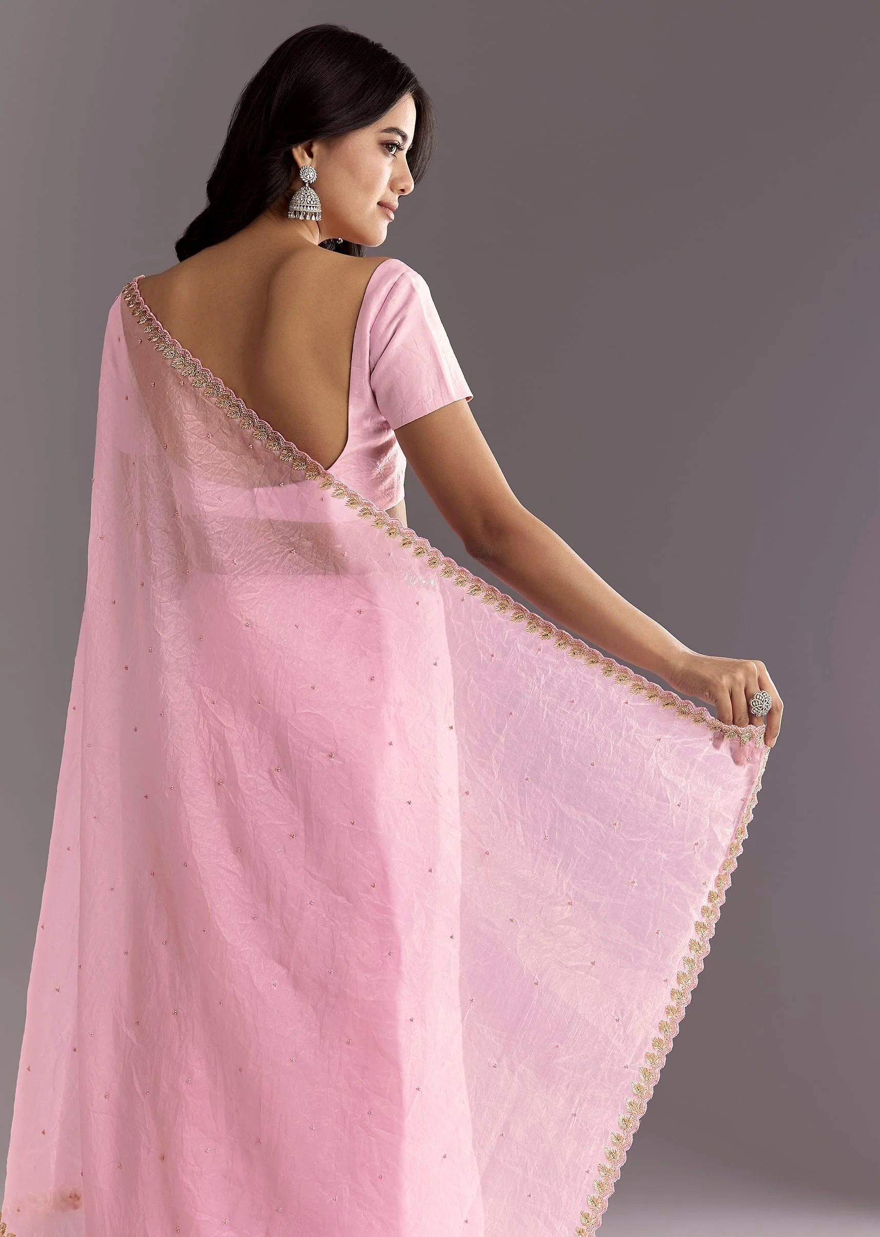 Light Pink Tissue Embroidered Saree With Cutwork Scallop Border - Image 6