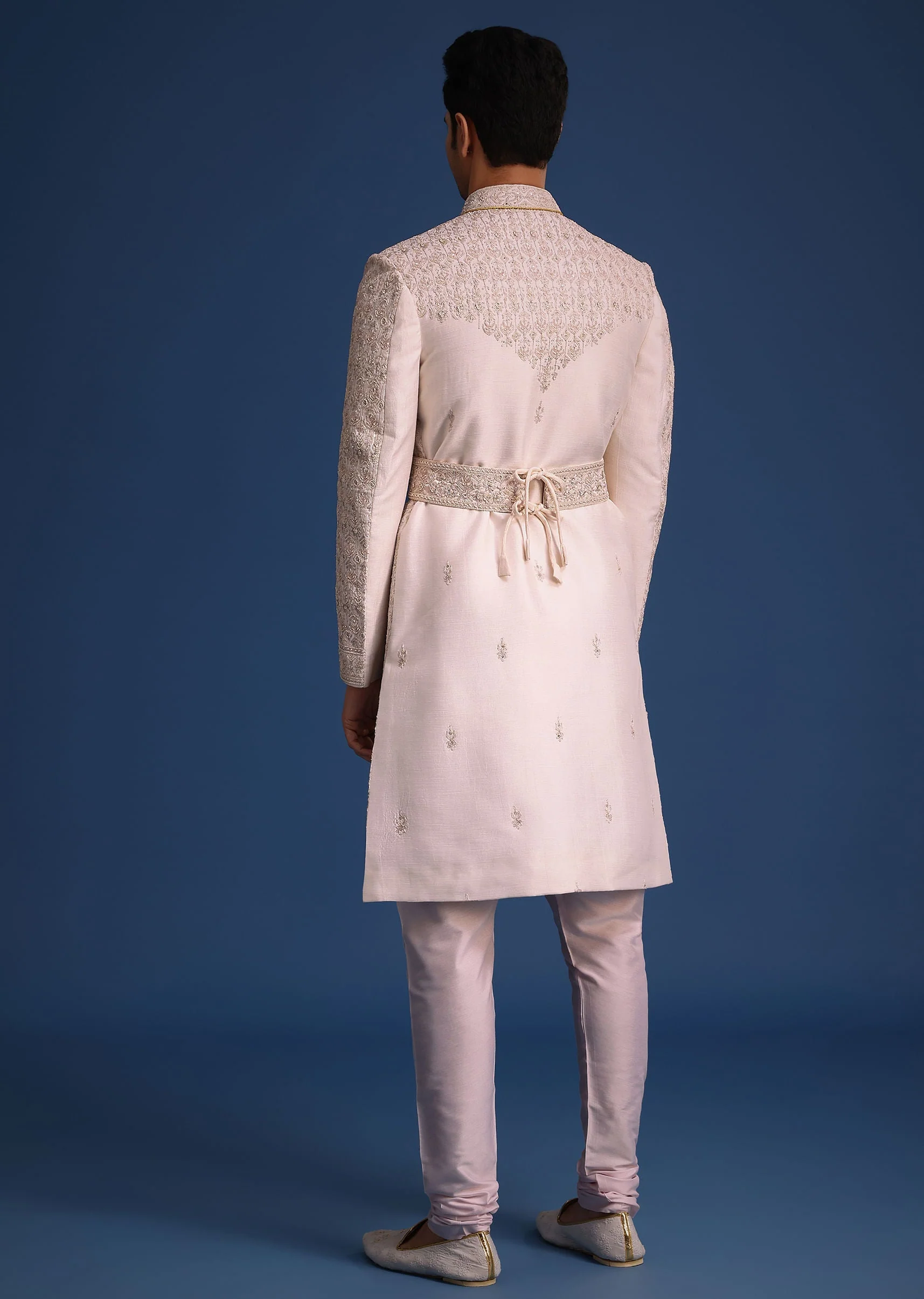 Light Pink Zari Work Silk Sherwani Set With Dupatta - Image 5