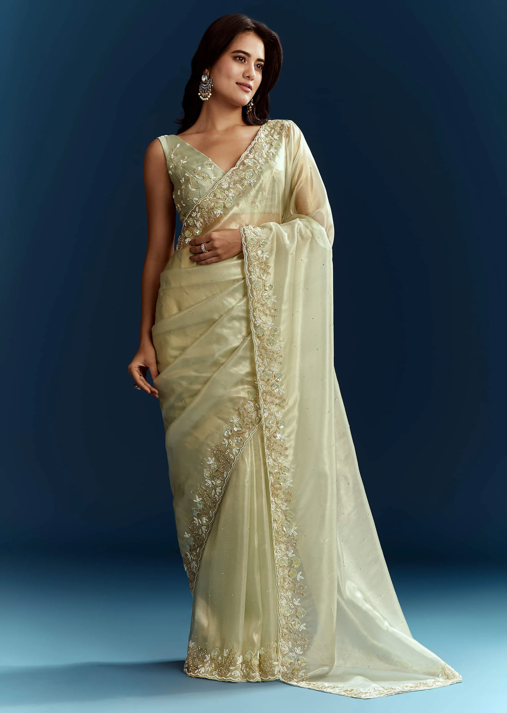Light Pista Organza Saree With Floral Cutdana And Stone Embroidery - Image 5