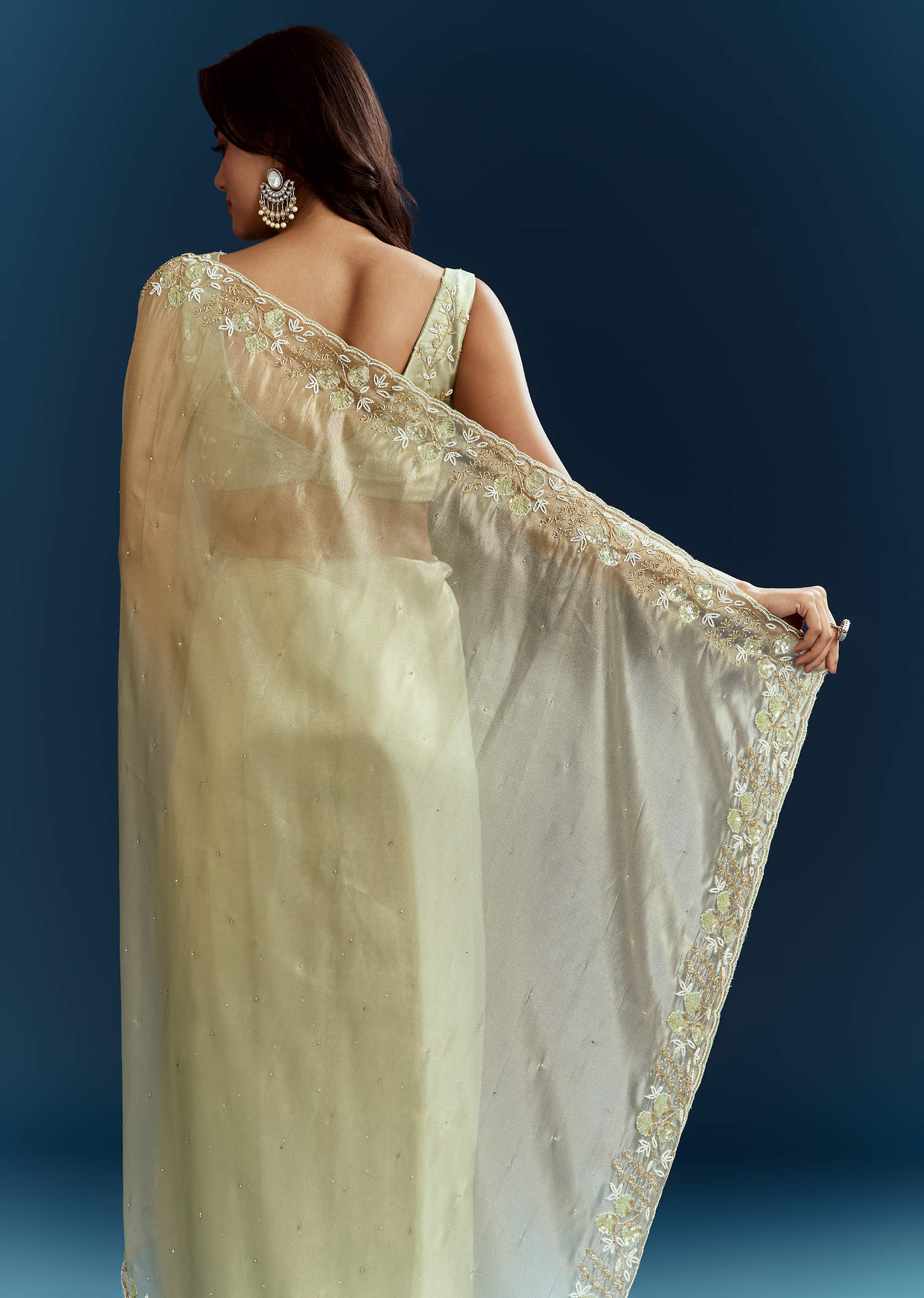 Light Pista Organza Saree With Floral Cutdana And Stone Embroidery - Image 6