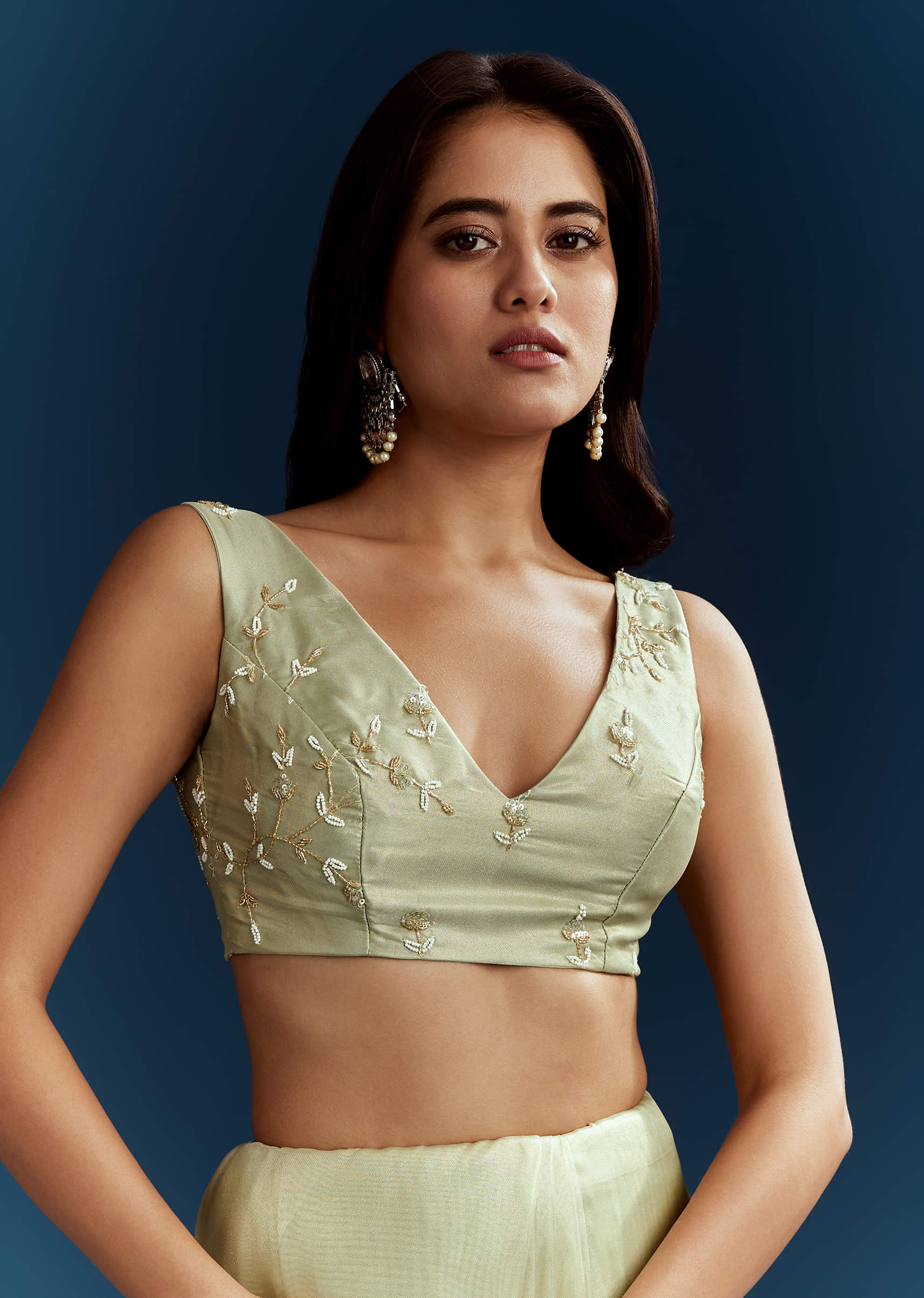 Light Pista Organza Saree With Floral Cutdana And Stone Embroidery - Image 7