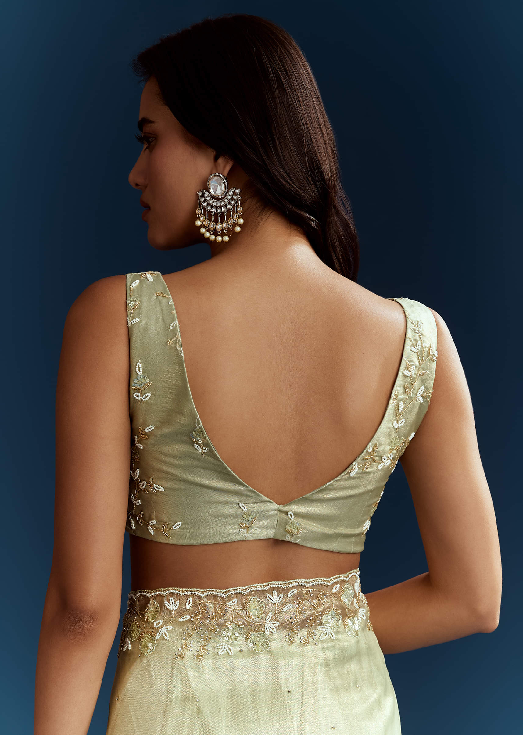 Light Pista Organza Saree With Floral Cutdana And Stone Embroidery - Image 8
