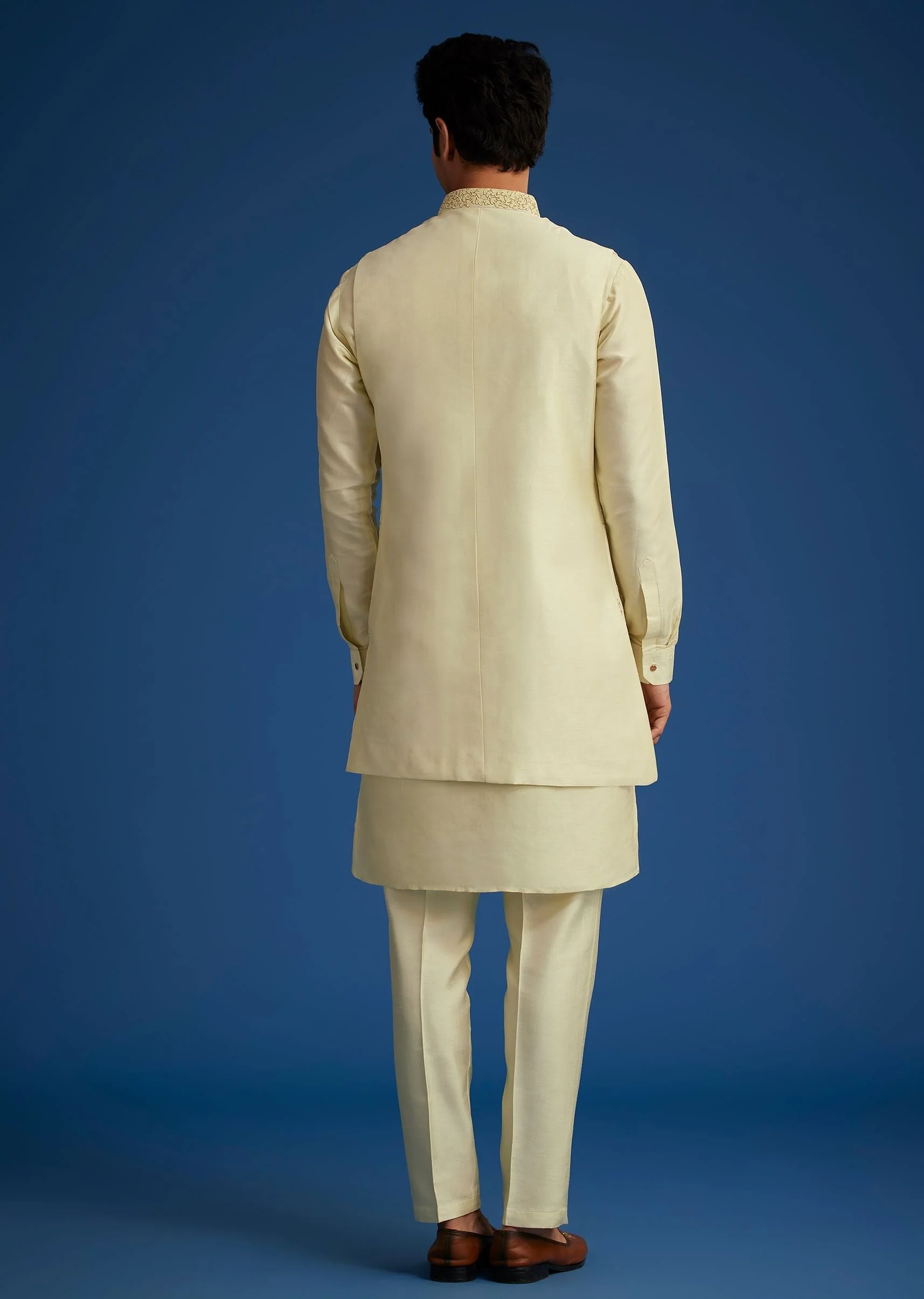 Light Pista Silk Kurta Set With Thread And Mirror Work Jacket - Image 5