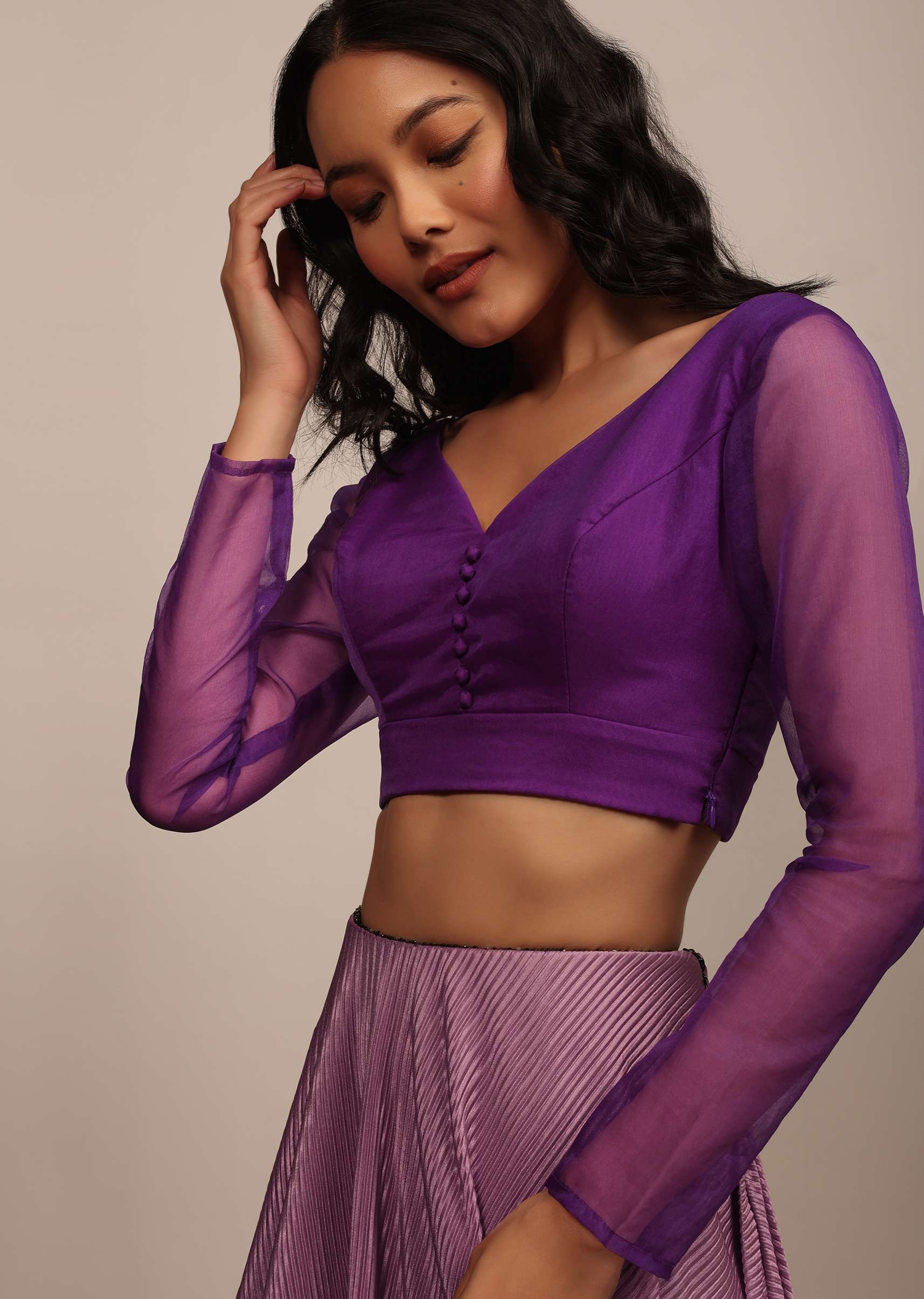 Light Purple Blouse In Organza With V Neckline - Image 3