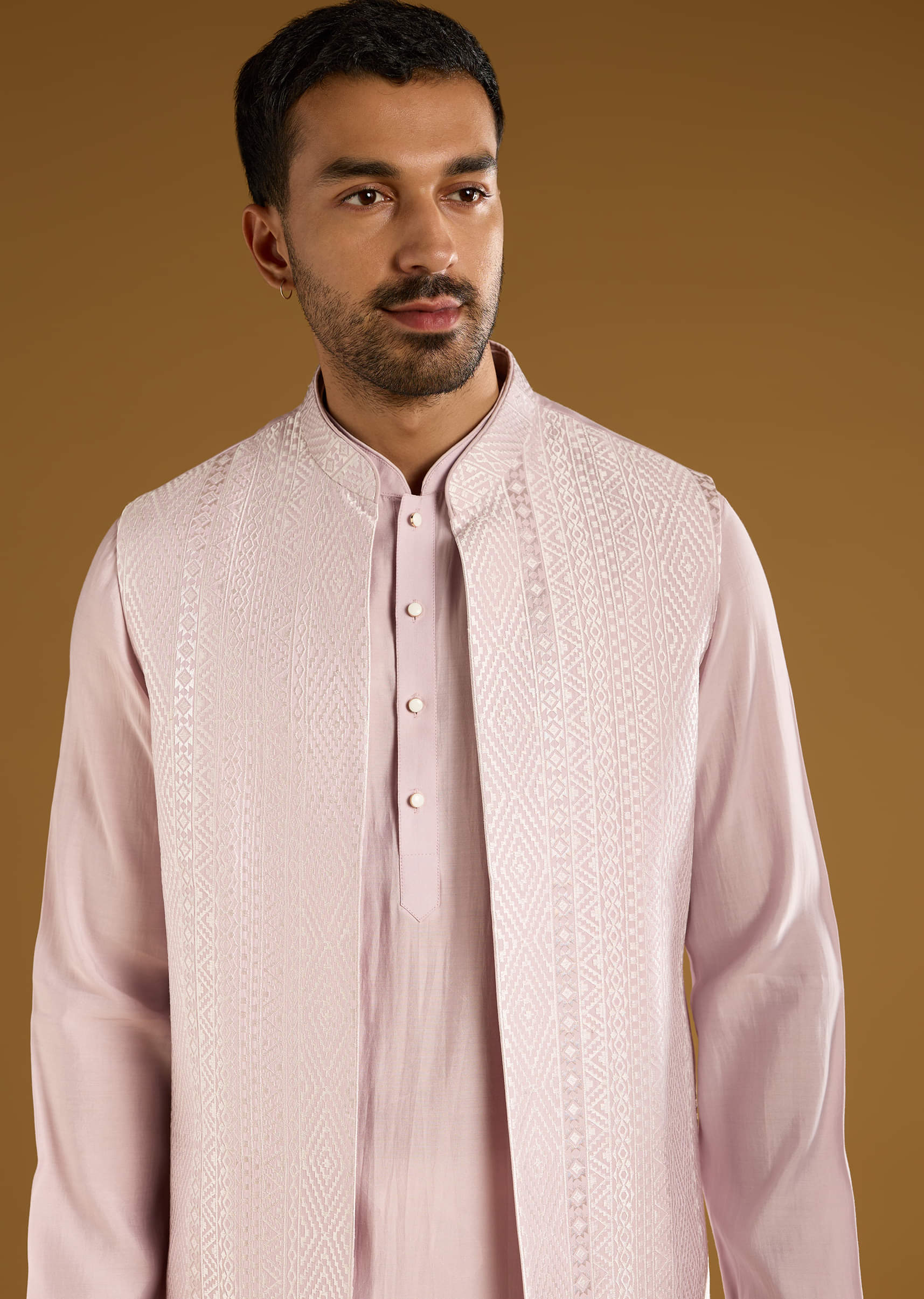 Light Purple Kurta Jacket Set For Men With Resham Work - Image 2