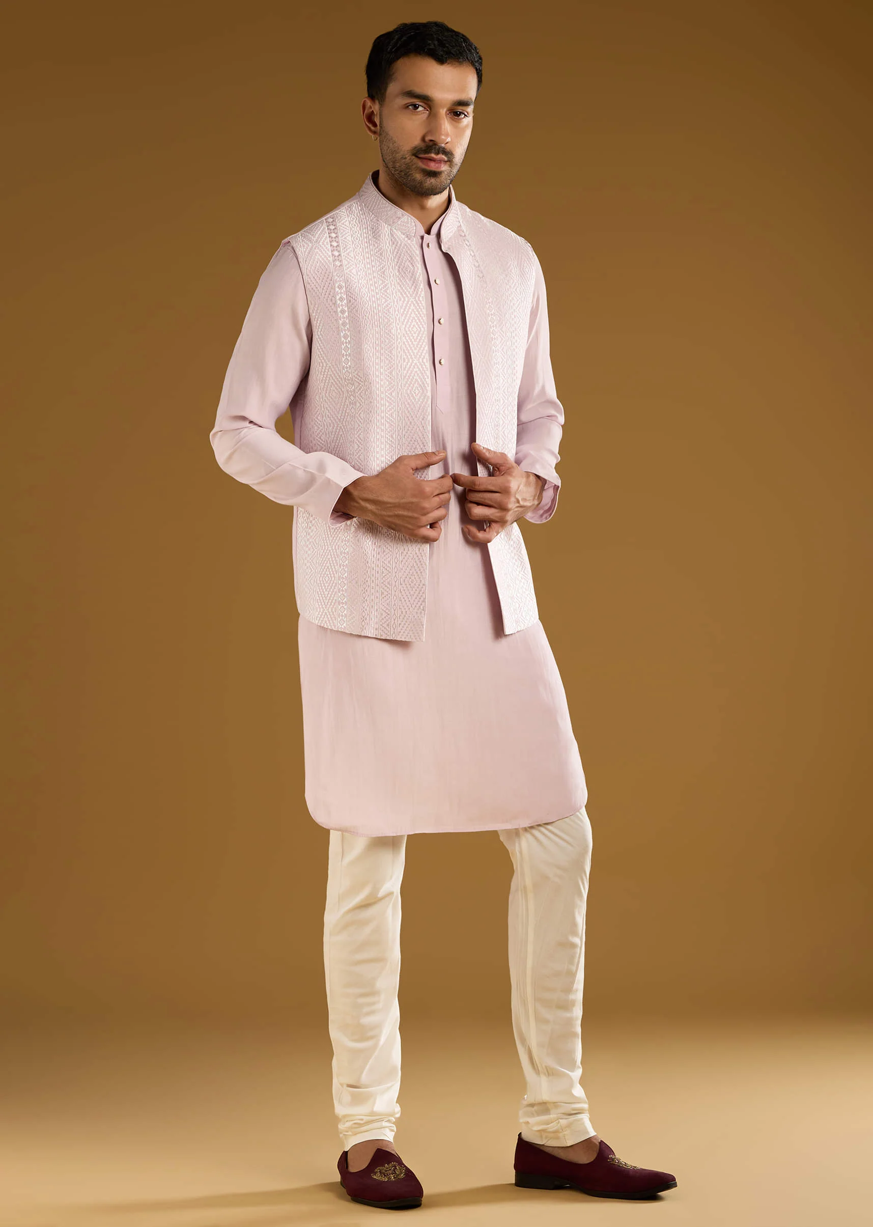 Light Purple Kurta Jacket Set For Men With Resham Work - Image 3