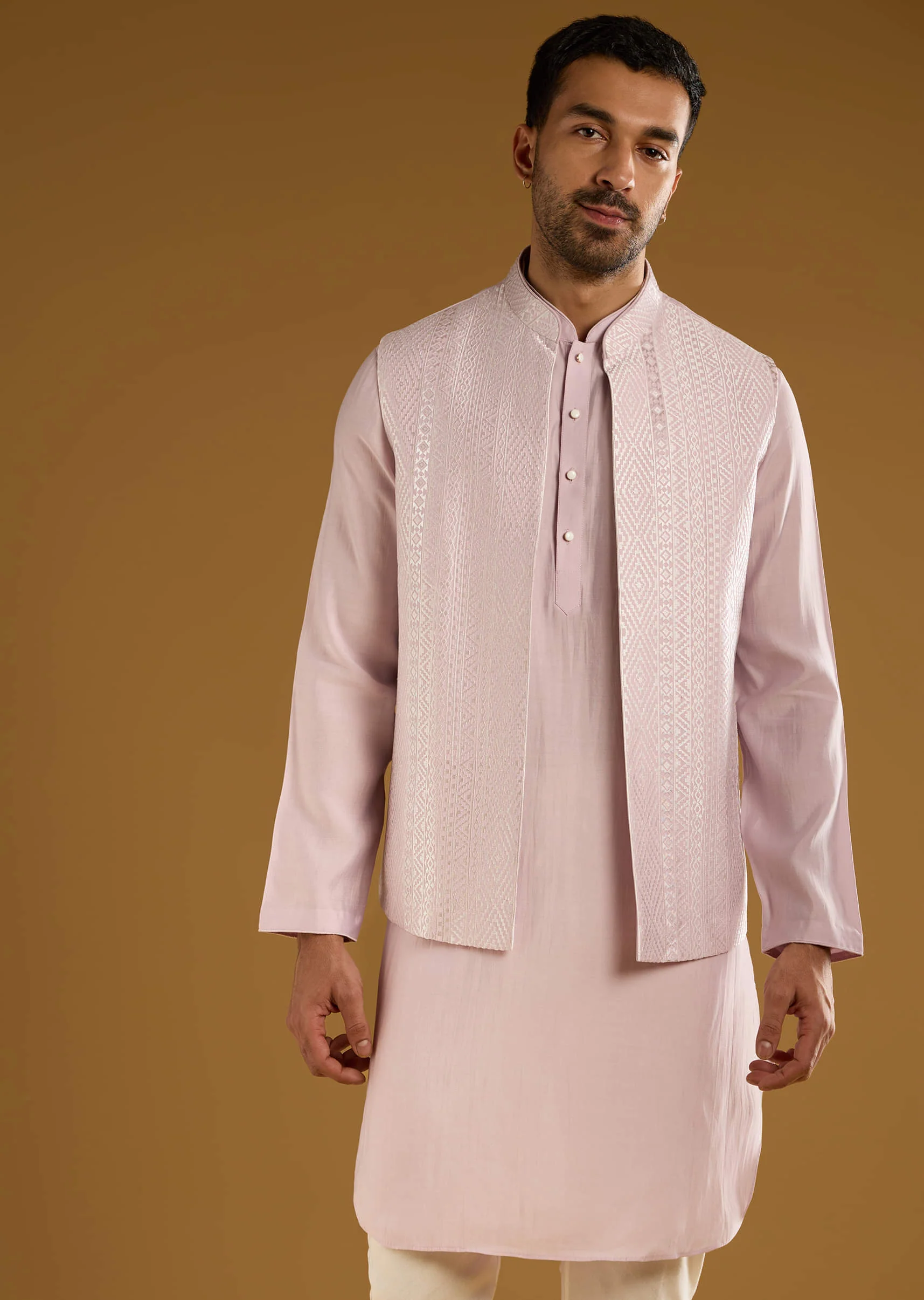 Light Purple Kurta Jacket Set For Men With Resham Work - Image 4