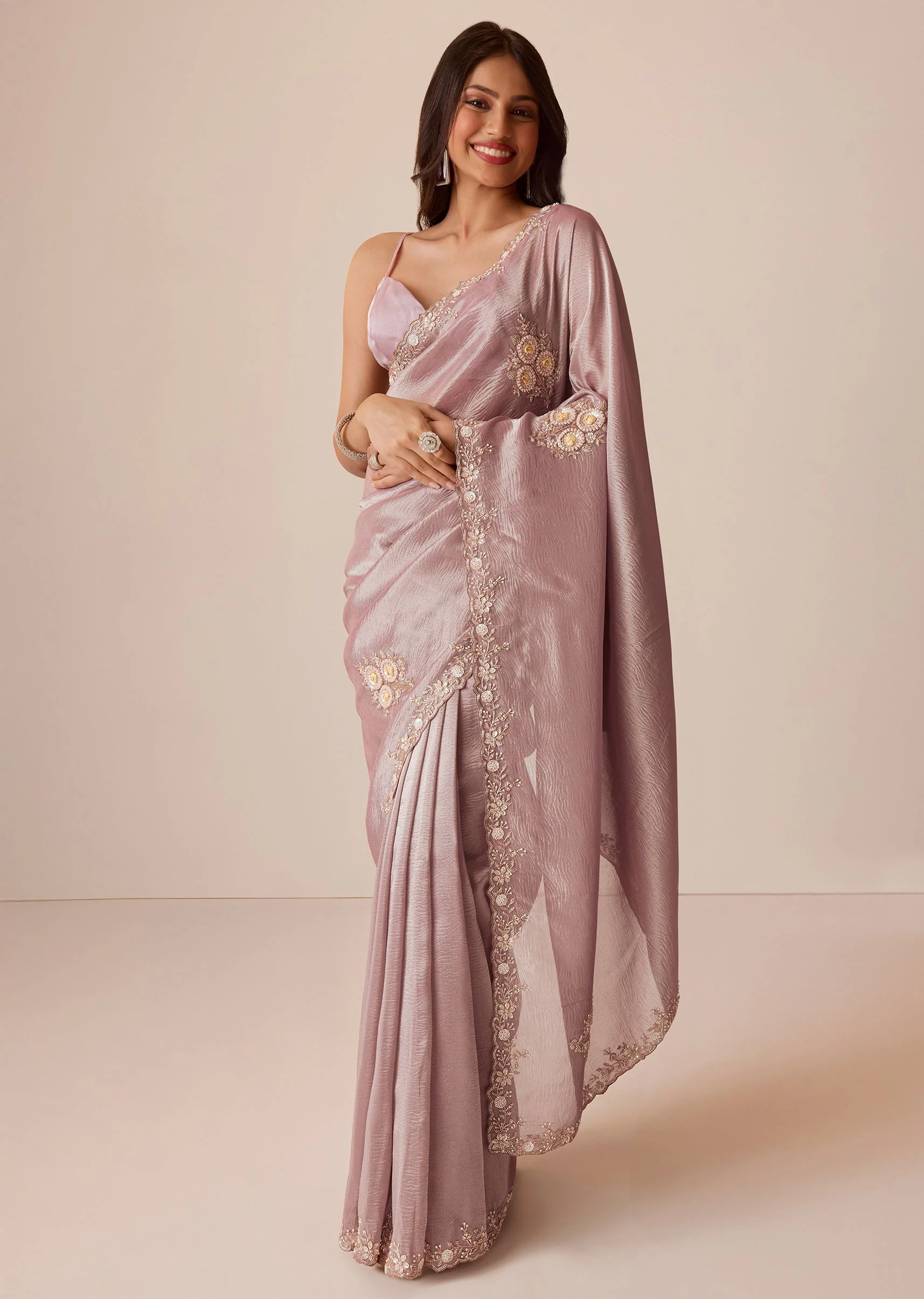 Light Purple Tissue Saree With Floral Embroidery - Image 10