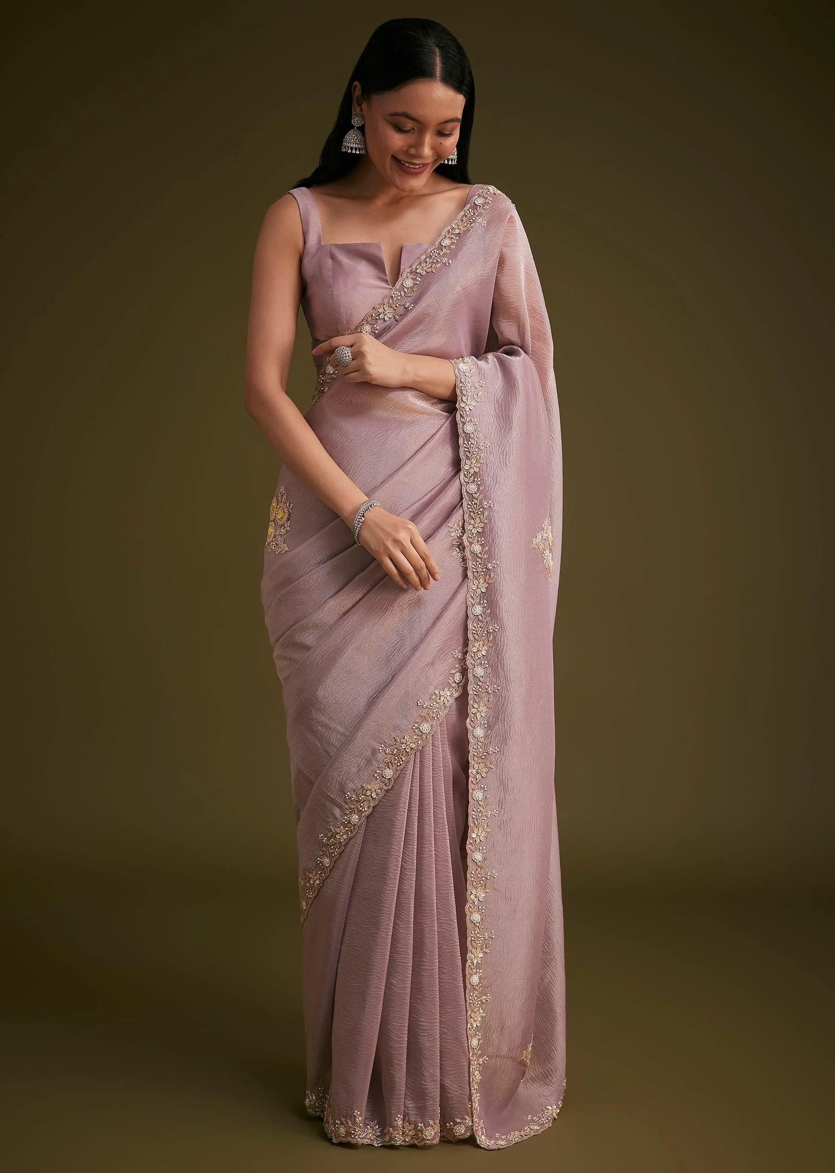 Light Purple Tissue Saree With Floral Embroidery - Image 3
