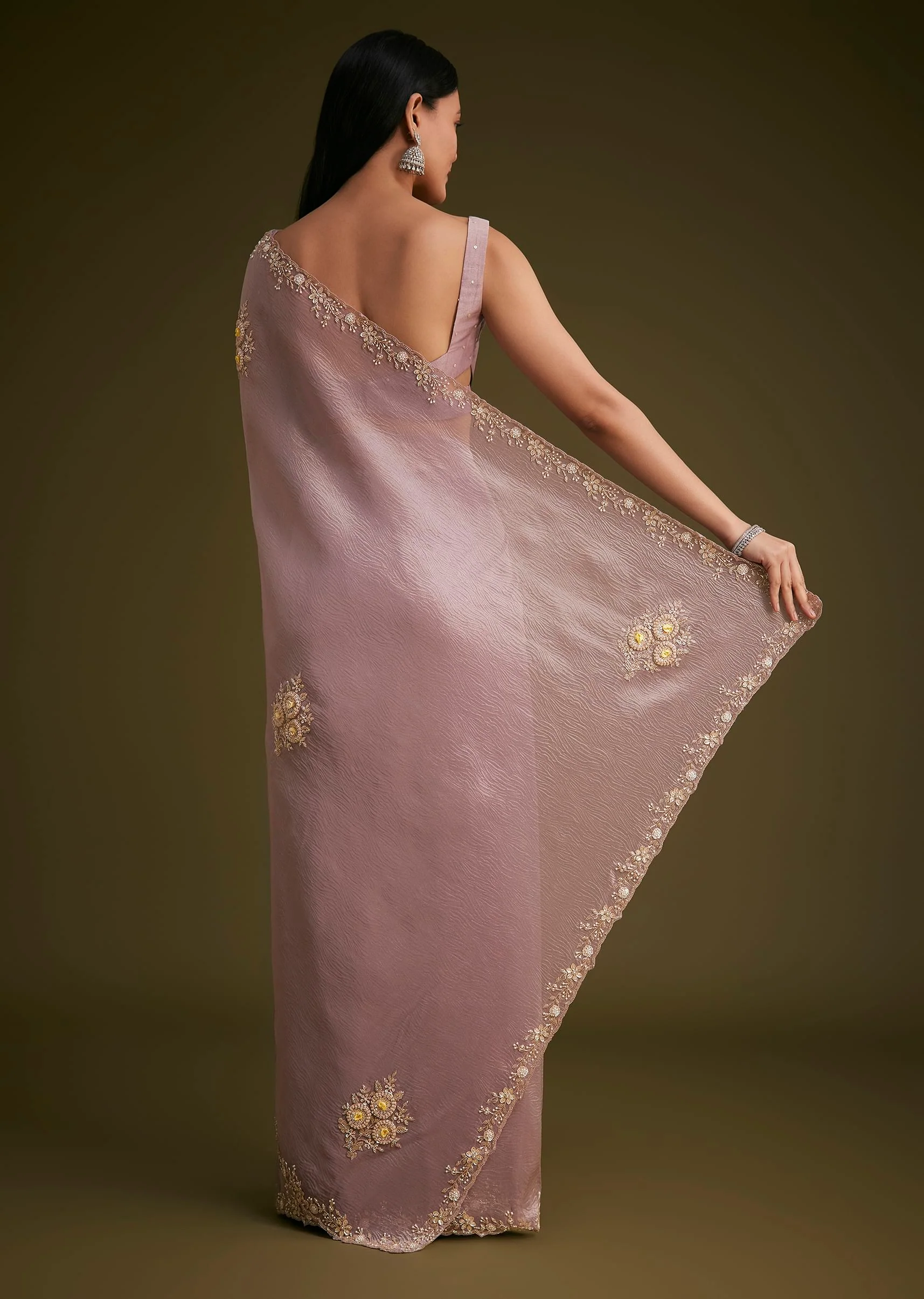 Light Purple Tissue Saree With Floral Embroidery - Image 4