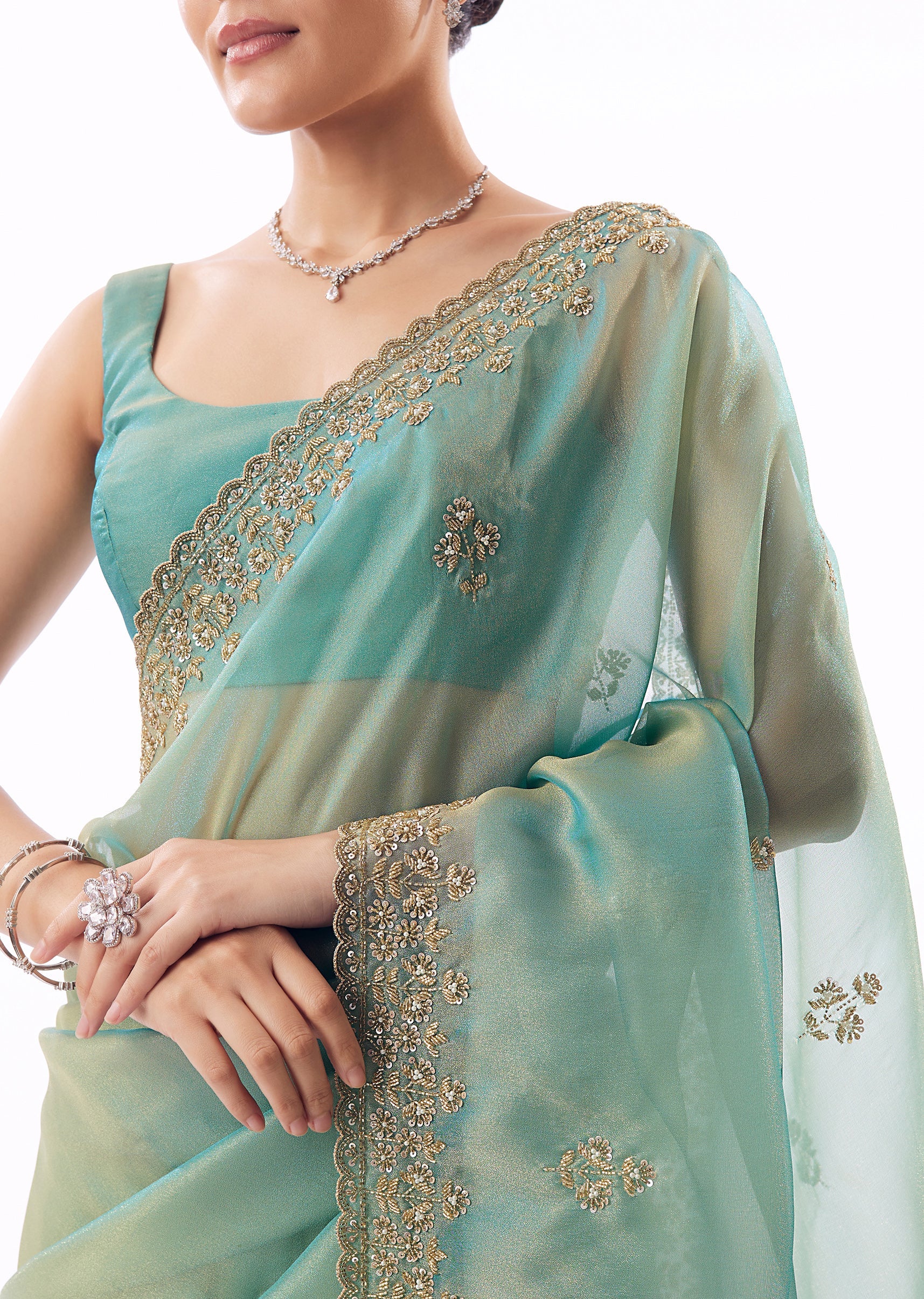 Light Turquoise Blue Tissue Saree And Cutdana Sequin Bead Embroidered Borders - Image 2