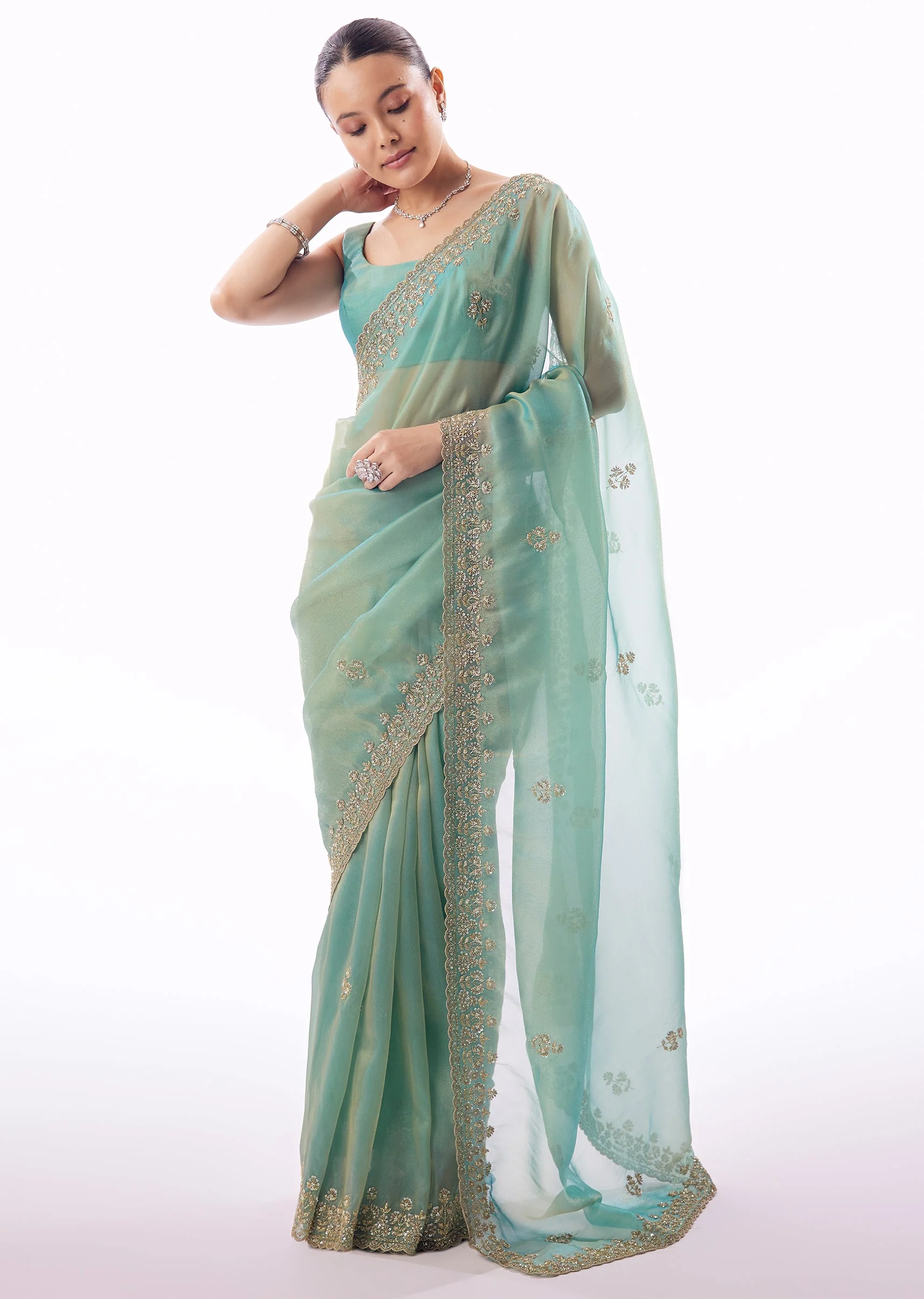 Light Turquoise Blue Tissue Saree And Cutdana Sequin Bead Embroidered Borders - Image 3