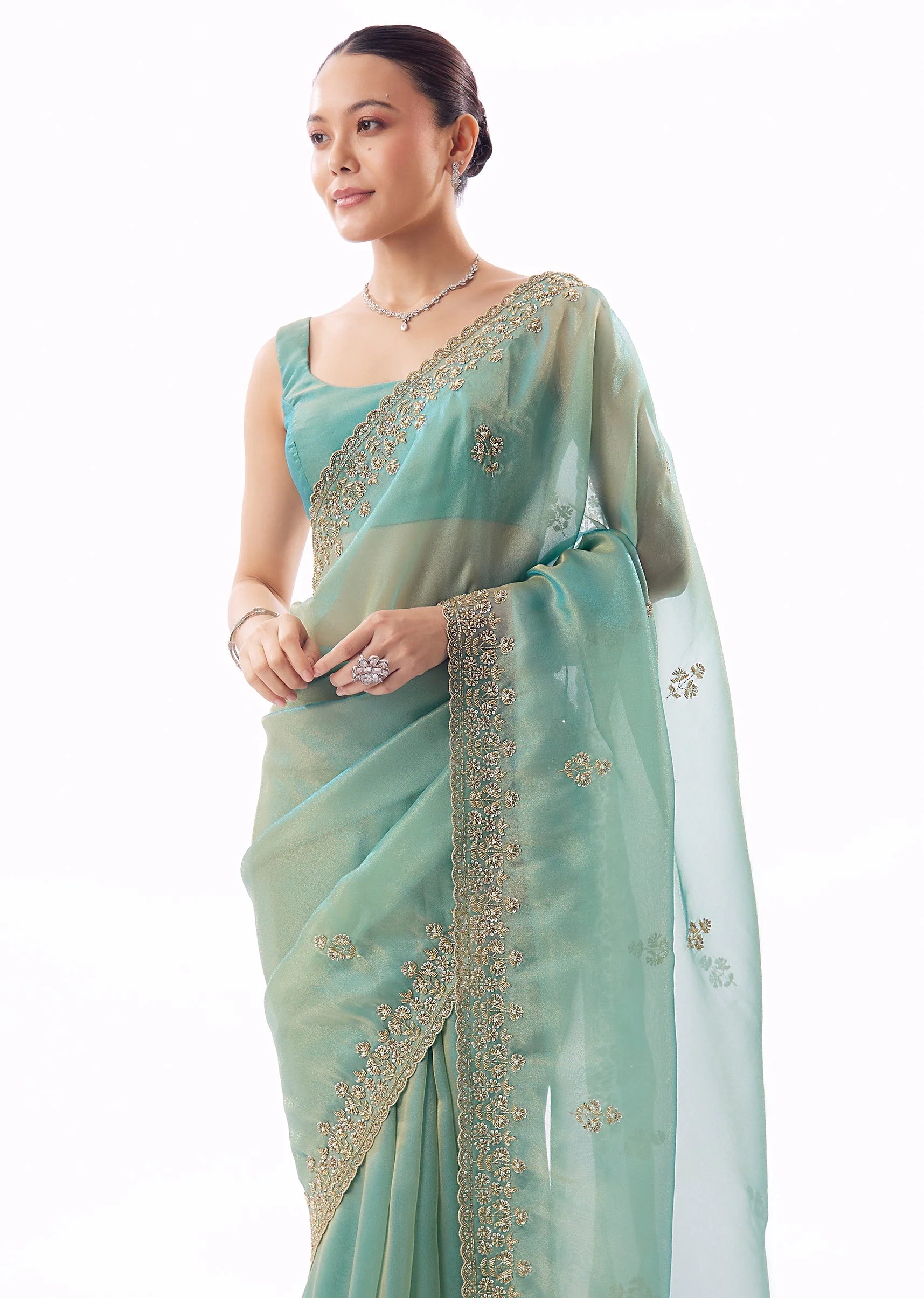 Light Turquoise Blue Tissue Saree And Cutdana Sequin Bead Embroidered Borders - Image 5
