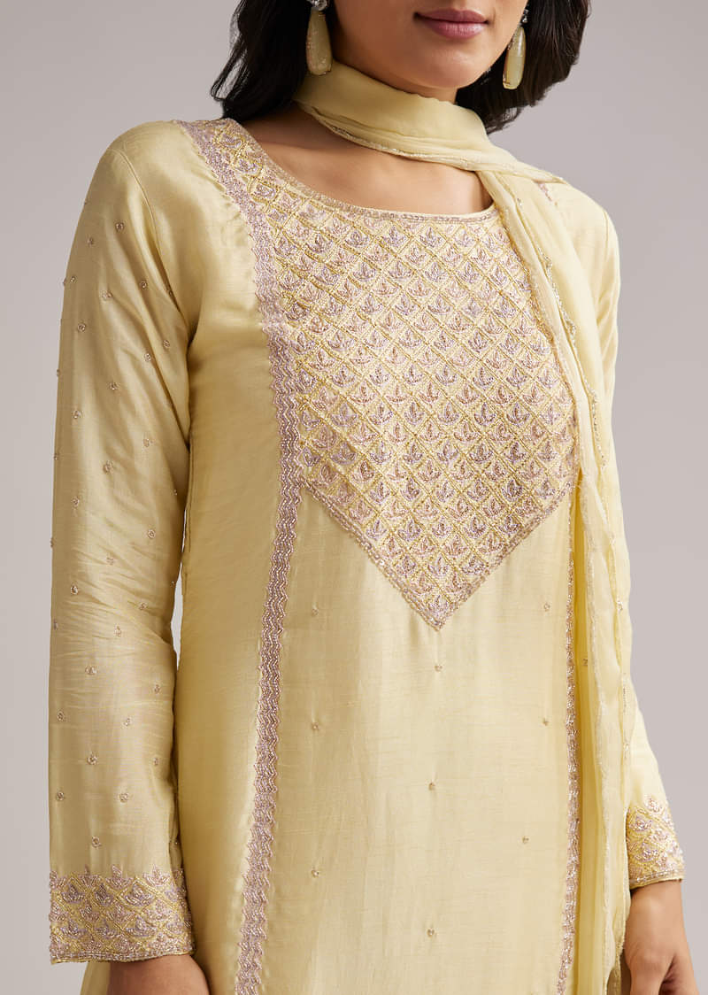 Light Yellow Embroidered Sharara Set With Dupatta - Image 2