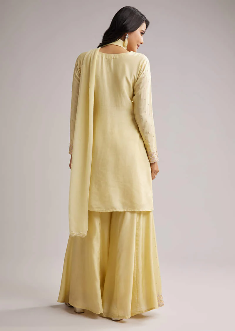 Light Yellow Embroidered Sharara Set With Dupatta - Image 5