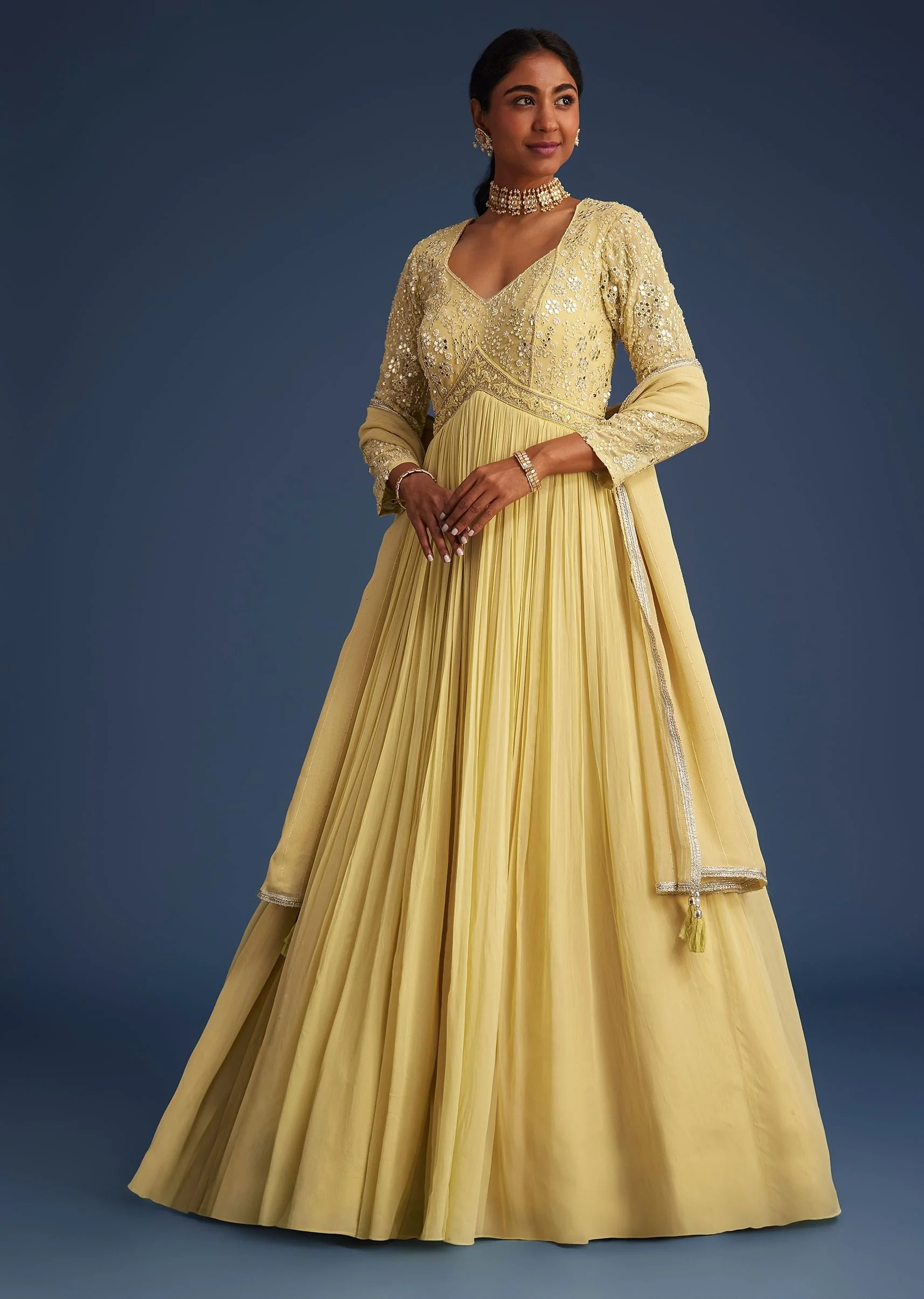 Light Yellow Georgette Anarkali With Mirror And Sequin Work - Image 3