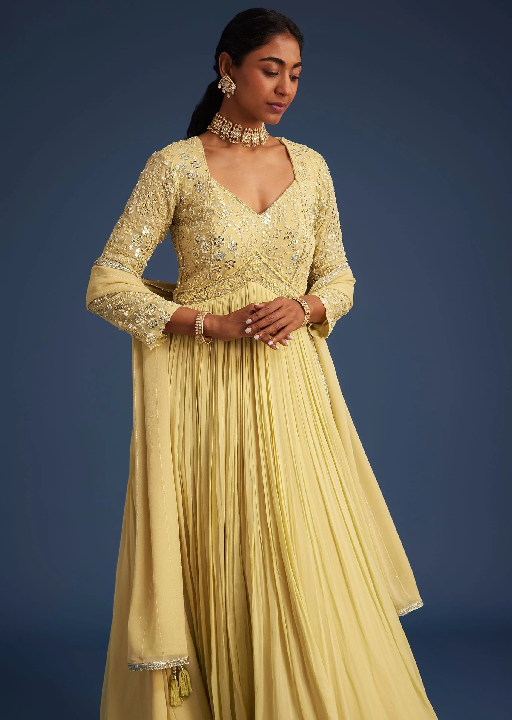 Light Yellow Georgette Anarkali With Mirror And Sequin Work - Image 4