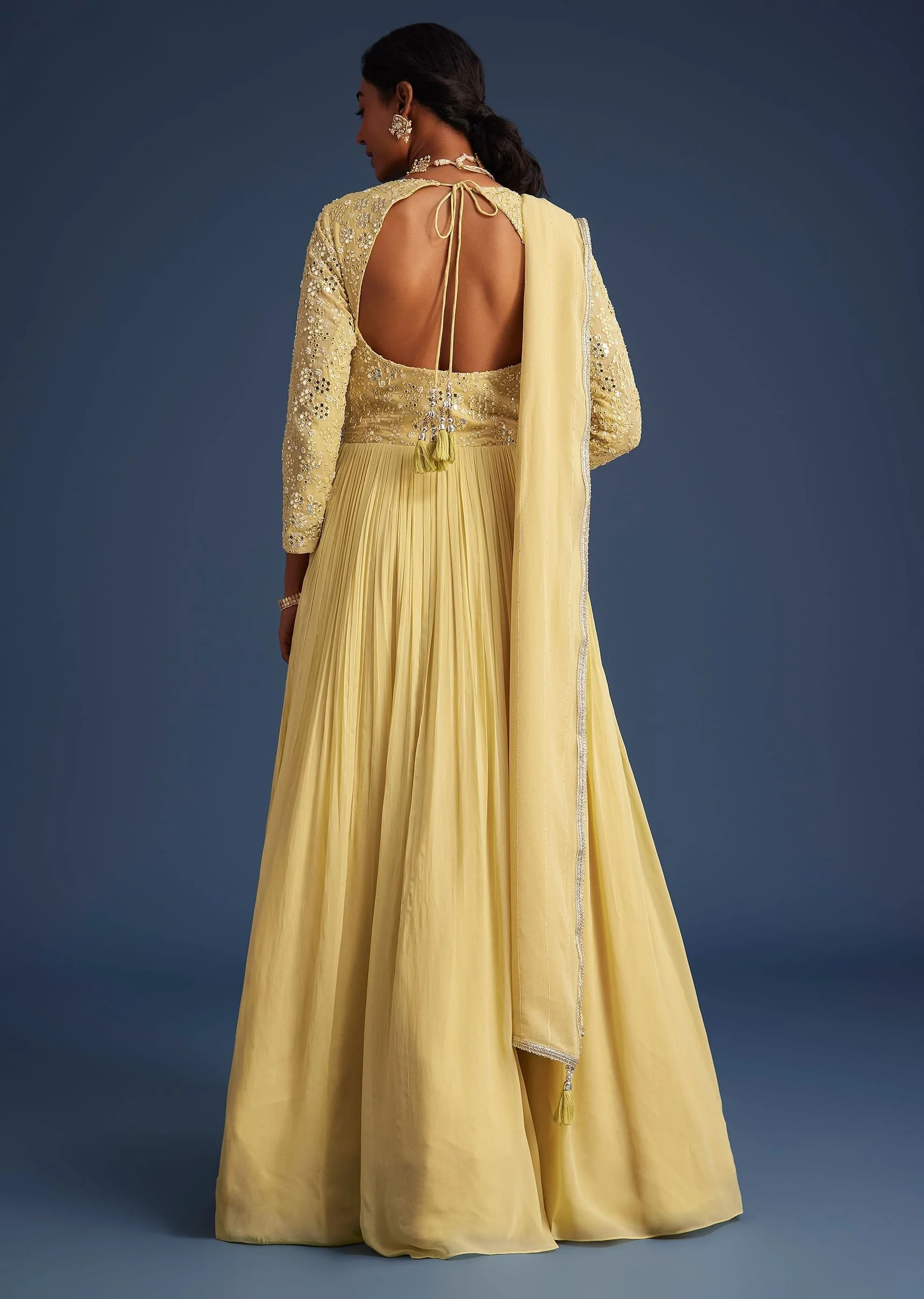 Light Yellow Georgette Anarkali With Mirror And Sequin Work - Image 5