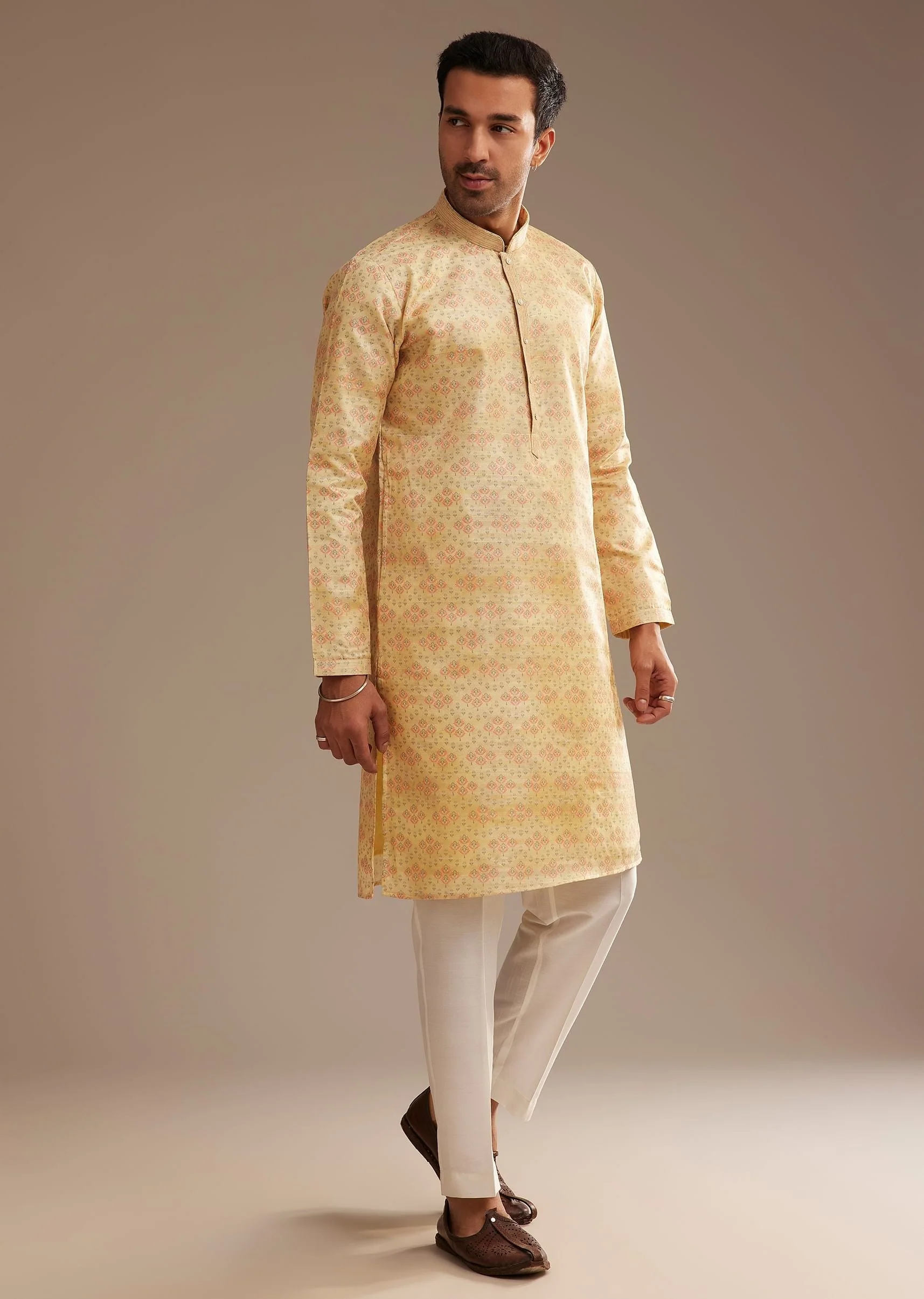Light Yellow Silk Abstract Printed Kurta Set - Image 3