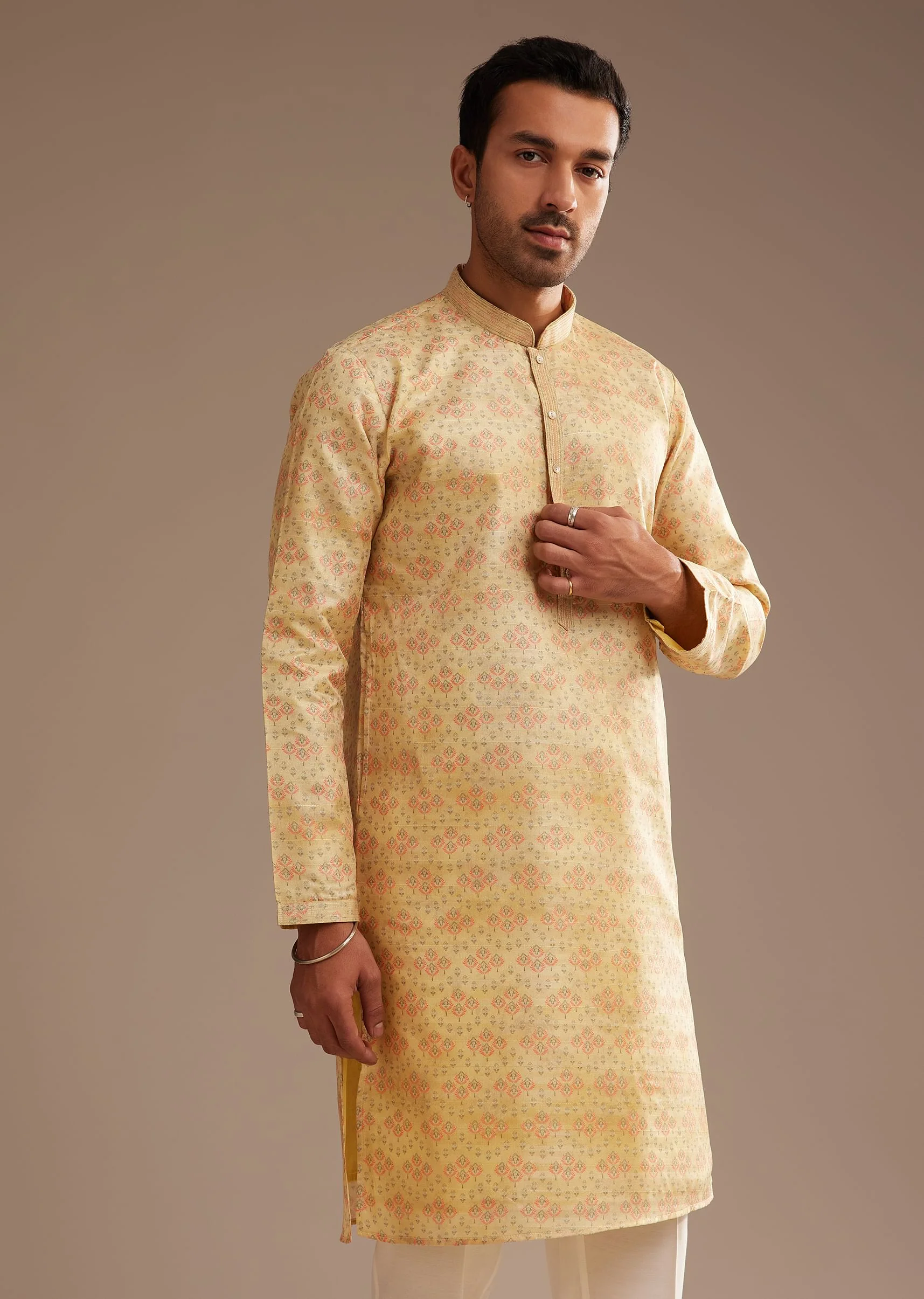 Light Yellow Silk Abstract Printed Kurta Set - Image 4