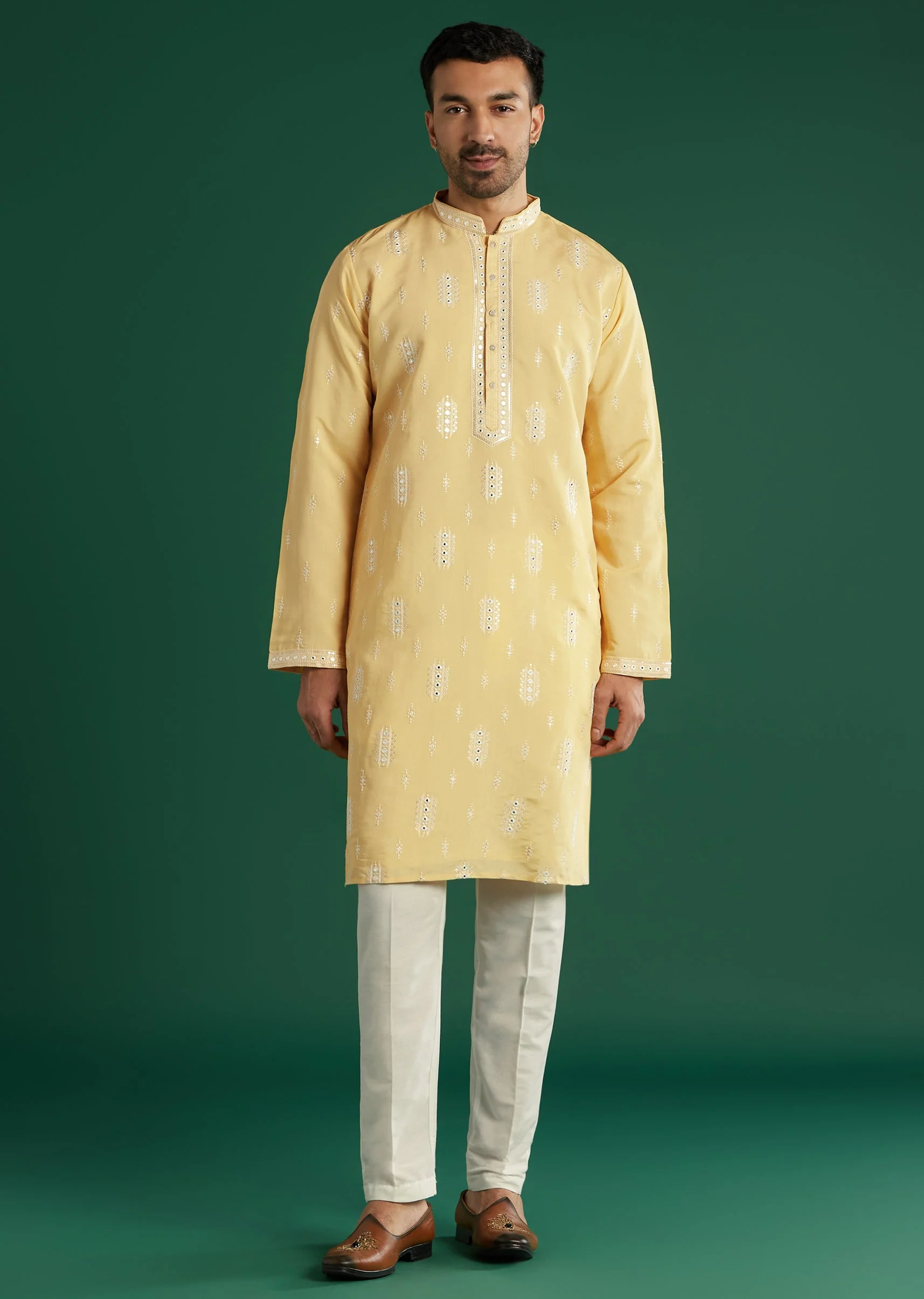 Light Yellow Silk Kurta Set For Men With Mirror And Resham Embroidery - Image 3