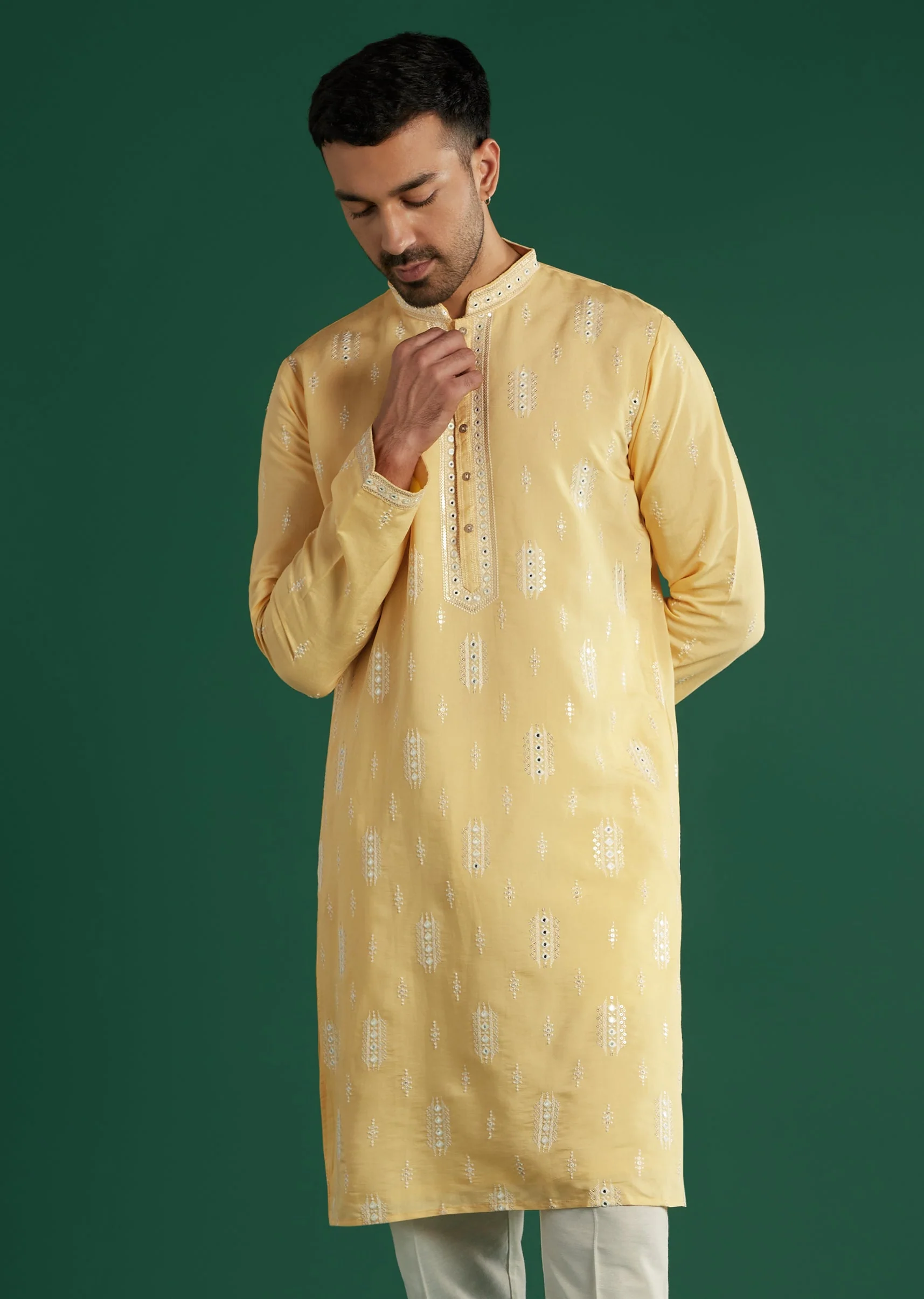 Light Yellow Silk Kurta Set For Men With Mirror And Resham Embroidery - Image 4