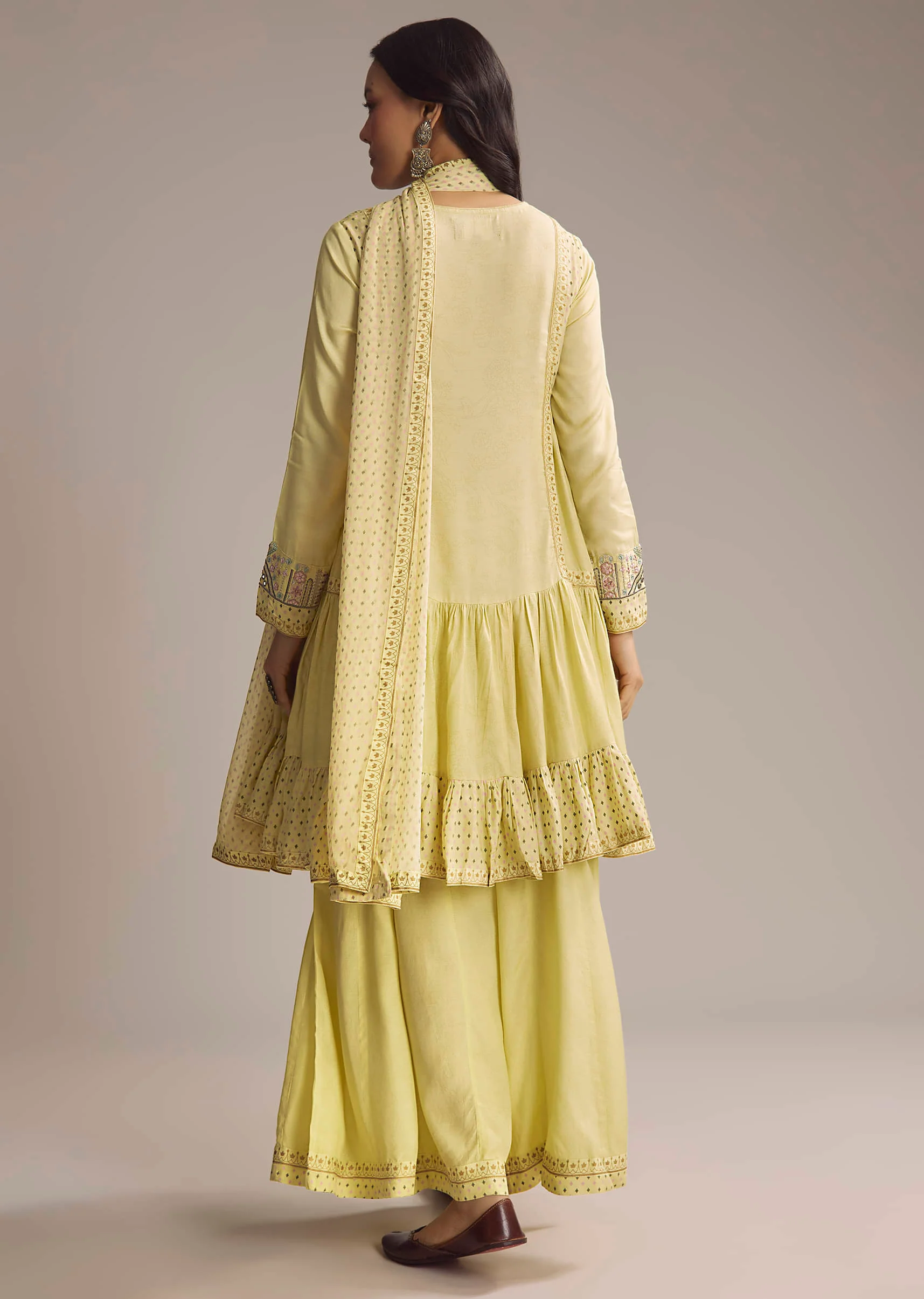 Light Yellow Silk Printed Palazzo Suit With Resham Work - Image 5