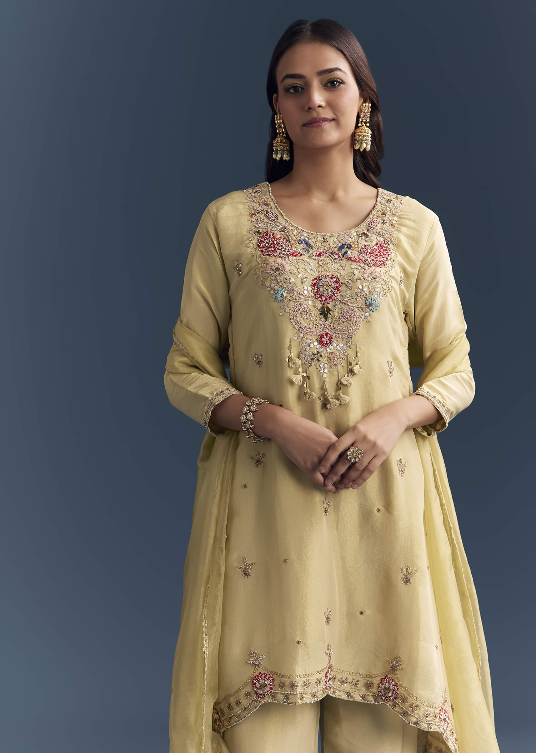 Light Yellow Tissue Palazzo Suit With Zardosi Work - Image 4