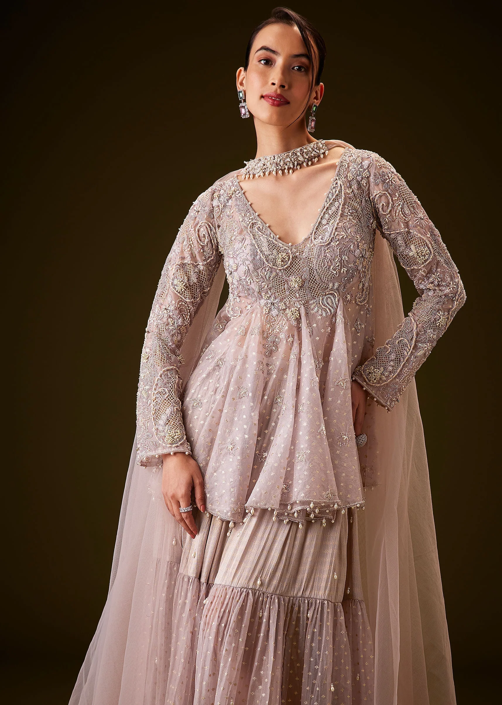 Lilac Banarasi Silk Sharara Set With Choker Dupatta - Image 4