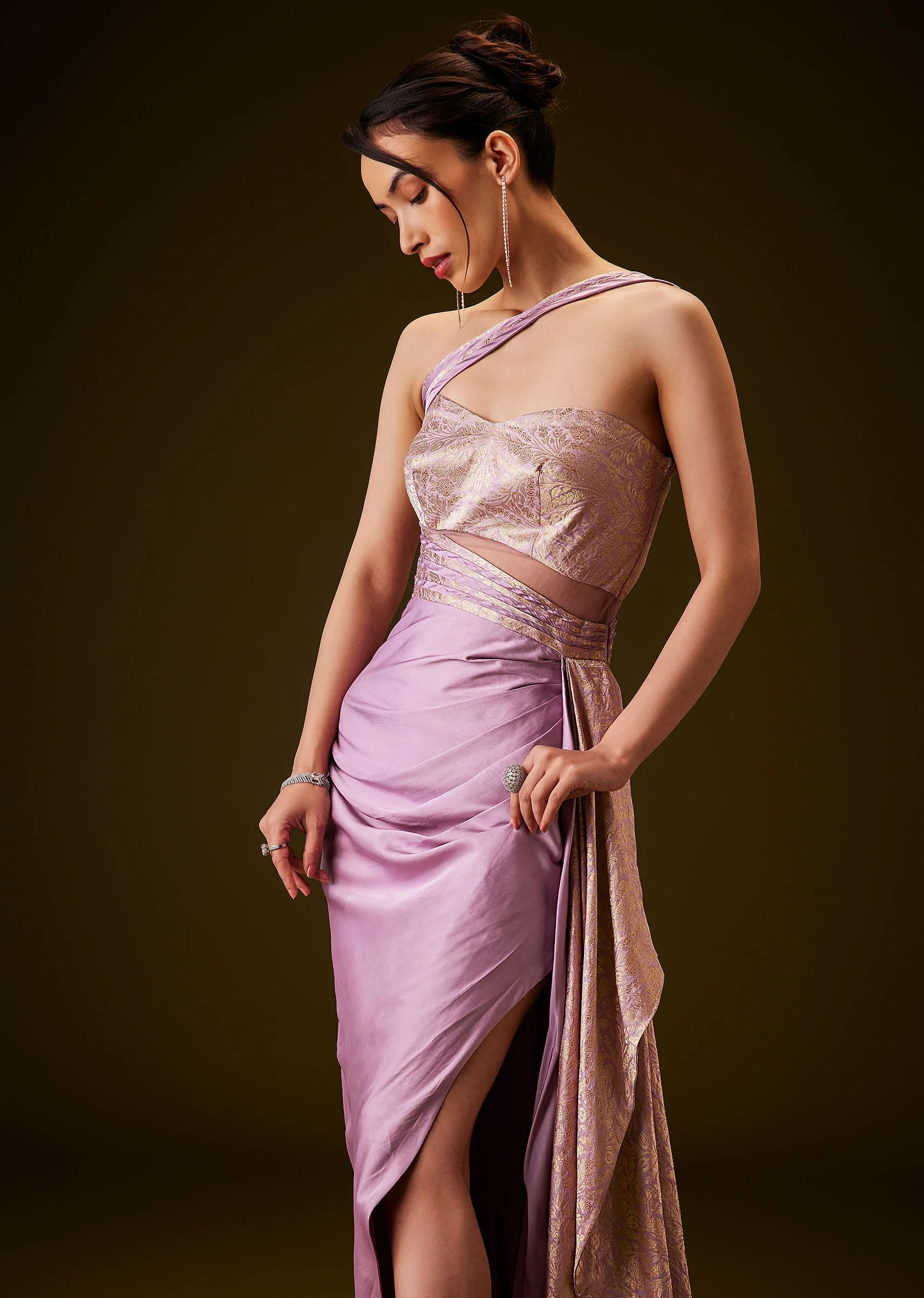 Lilac Brocade Draped Gown With Sculpted Sash - Image 2