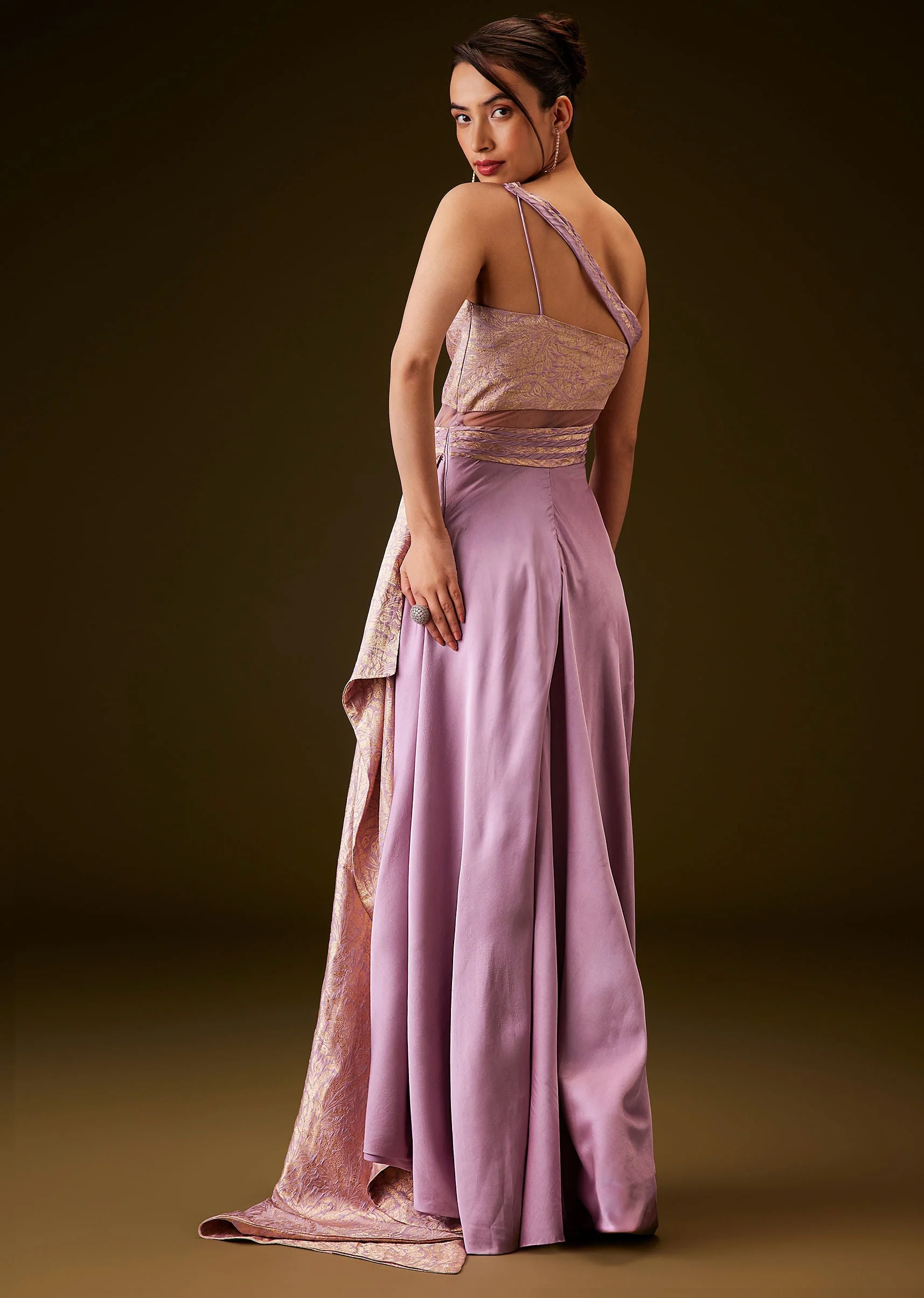 Lilac Brocade Draped Gown With Sculpted Sash - Image 5