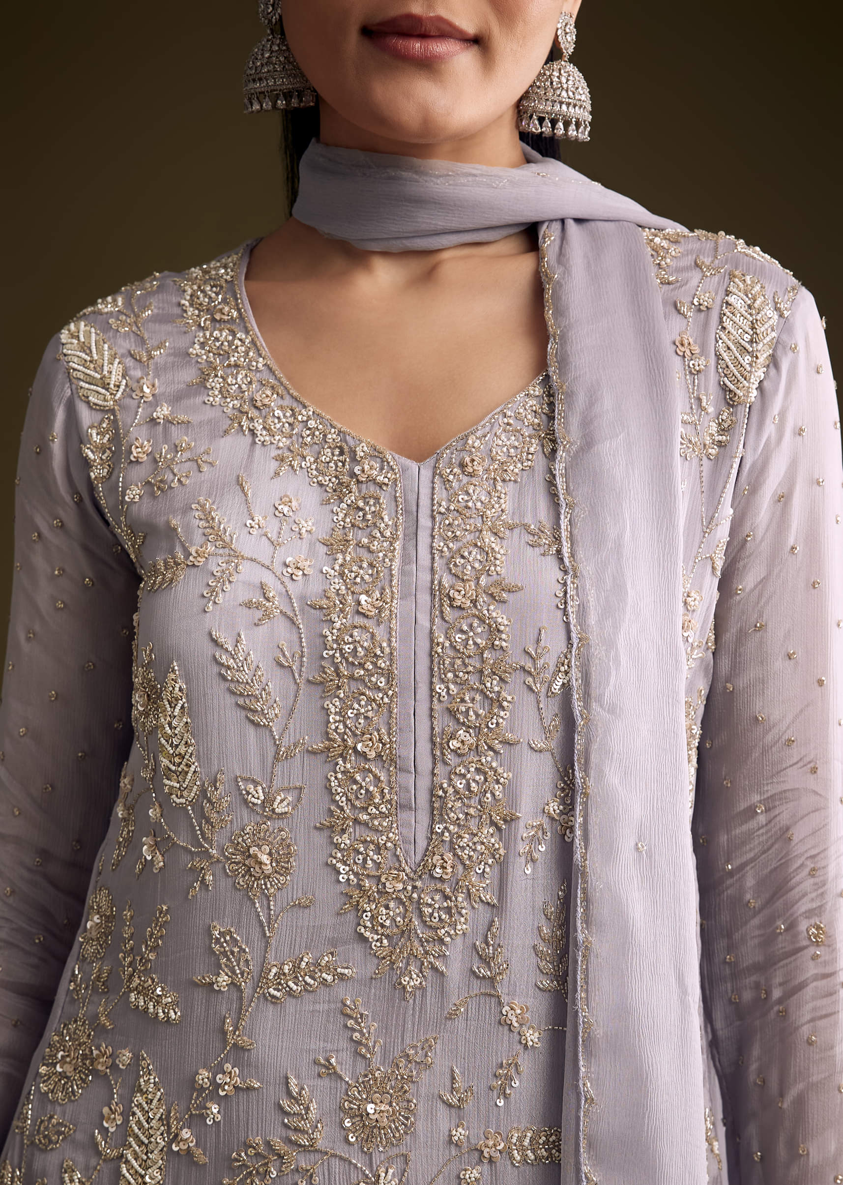 Lilac Chinon Sharara Suit With Cutdana And Sequins Embroidery - Image 2