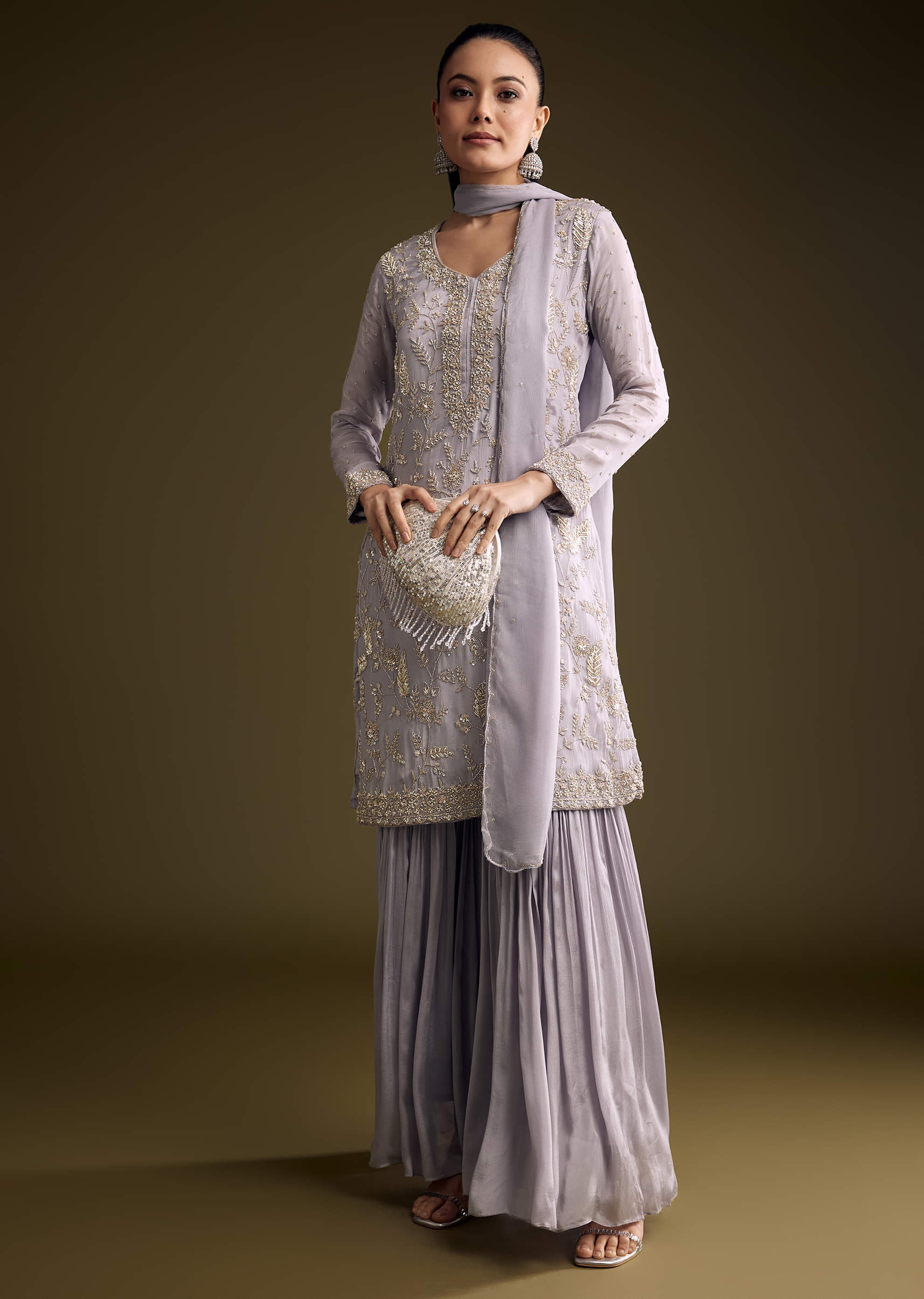 Lilac Chinon Sharara Suit With Cutdana And Sequins Embroidery - Image 3