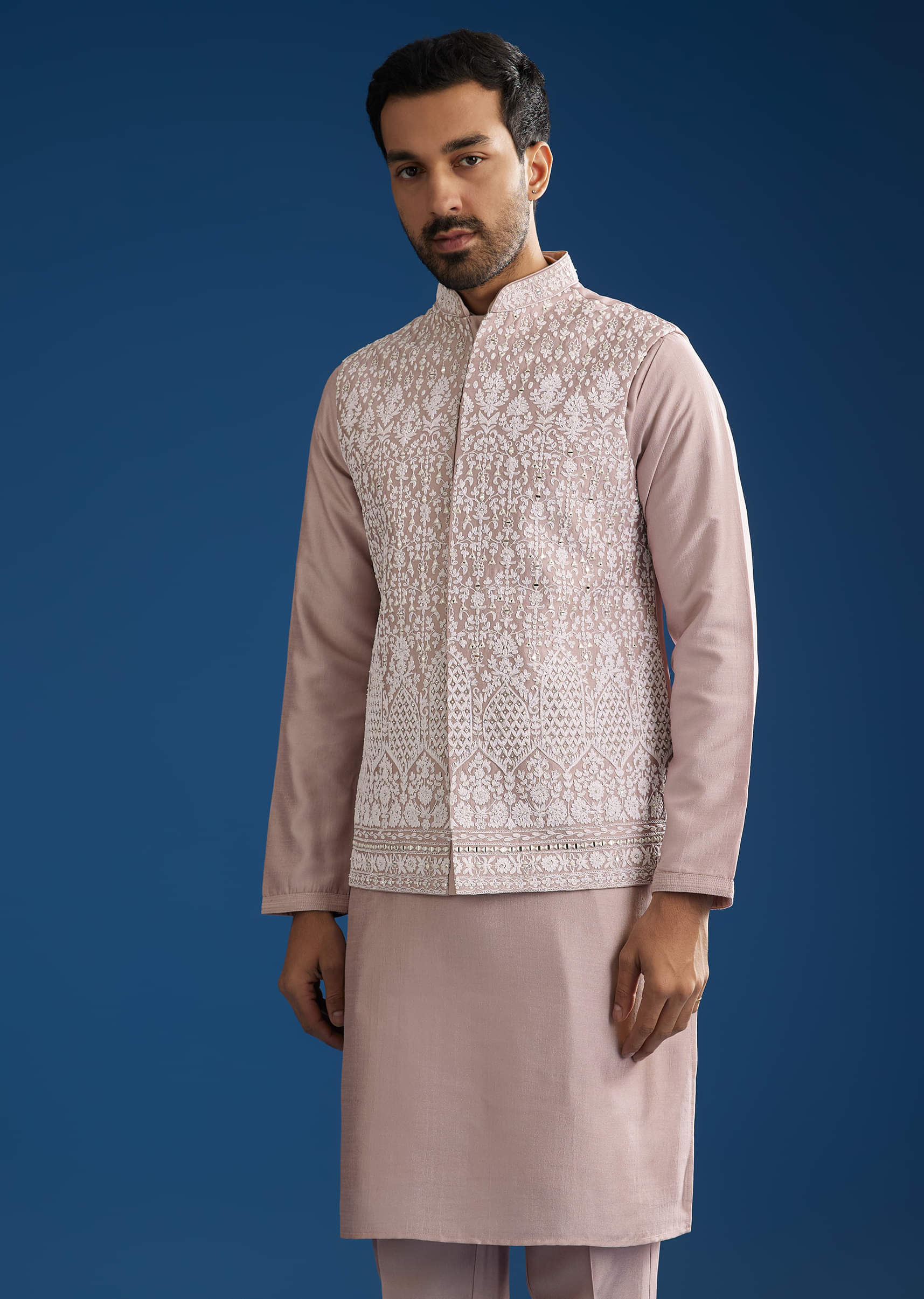 Lilac Cotton Silk Jacket Kurta Set With Mirror And Dori Embroidery - Image 3