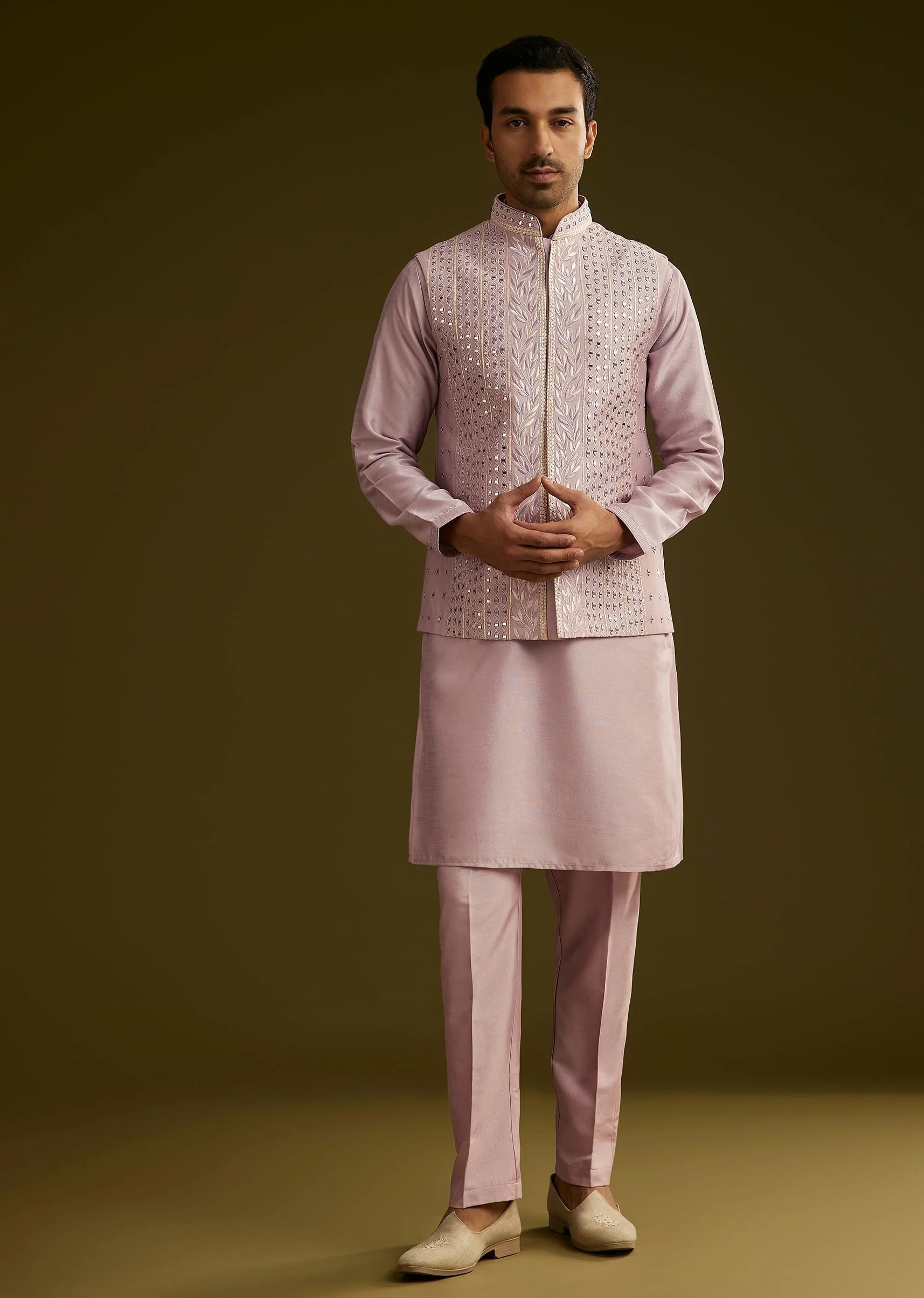 Lilac Cotton Silk Kurta Set With Mirror Threadwork Jacket