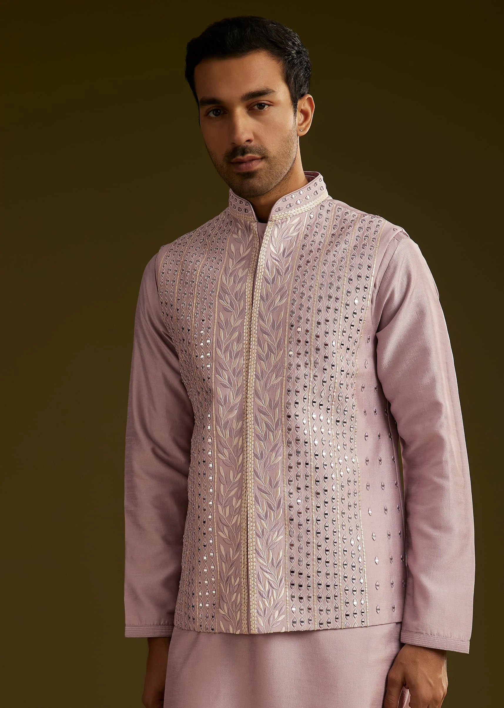 Lilac Cotton Silk Kurta Set With Mirror Threadwork Jacket - Image 2