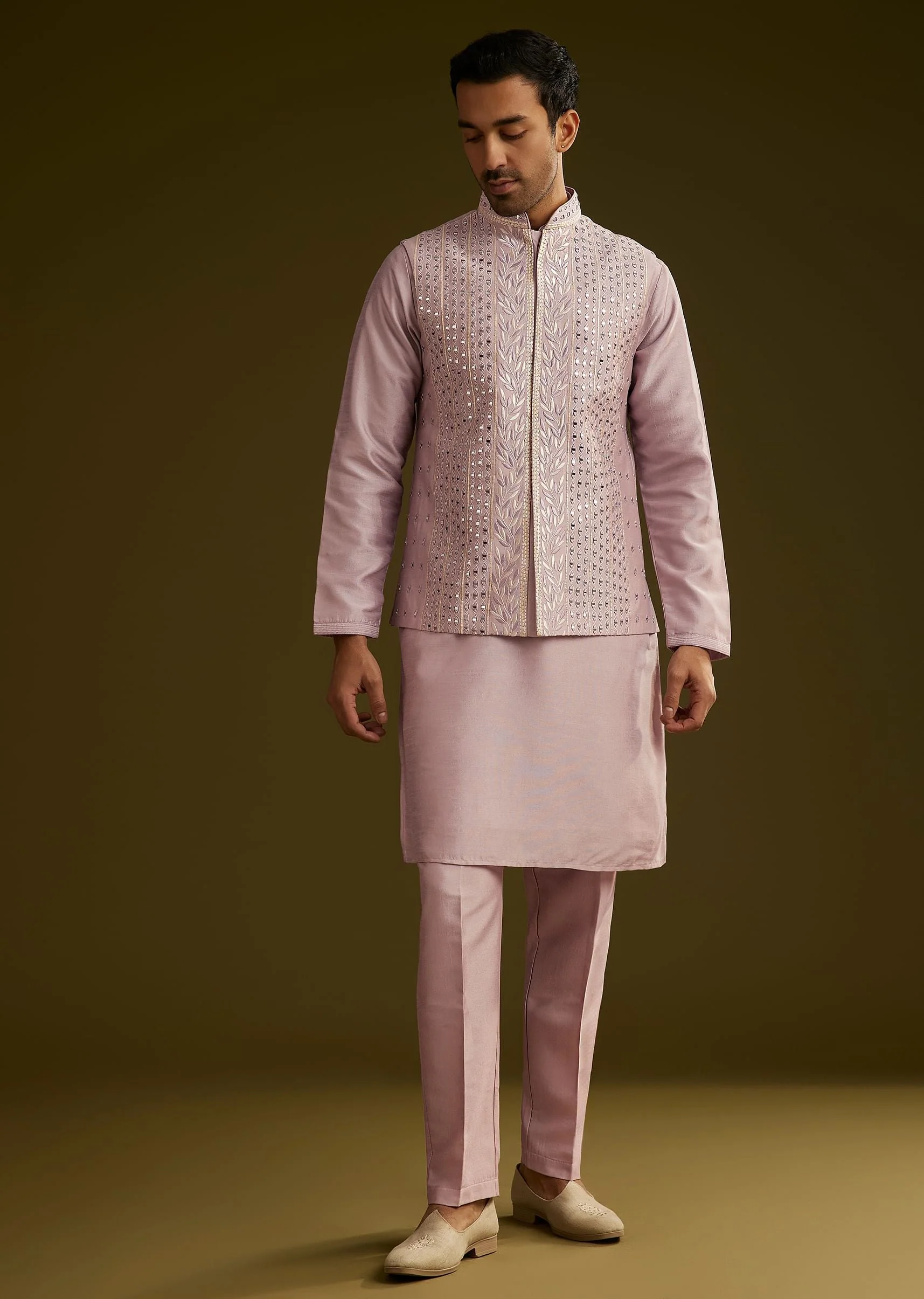 Lilac Cotton Silk Kurta Set With Mirror Threadwork Jacket - Image 3