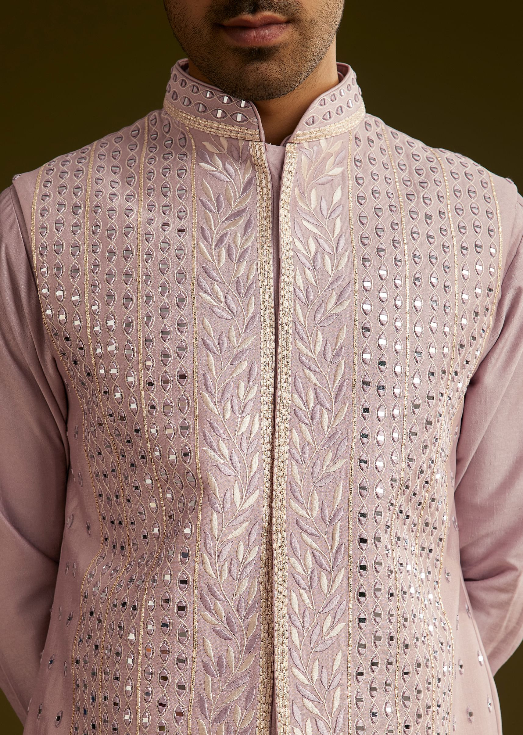Lilac Cotton Silk Kurta Set With Mirror Threadwork Jacket - Image 4