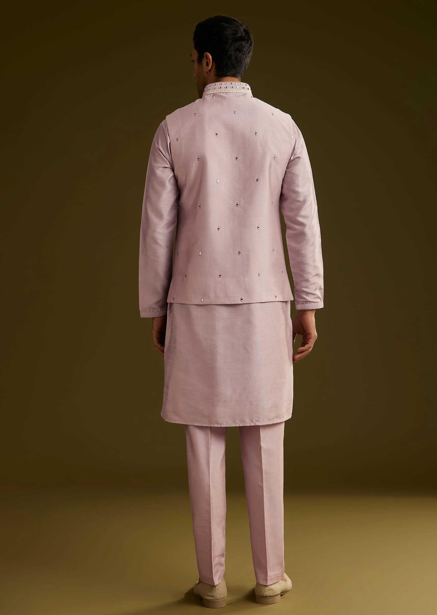Lilac Cotton Silk Kurta Set With Mirror Threadwork Jacket - Image 6