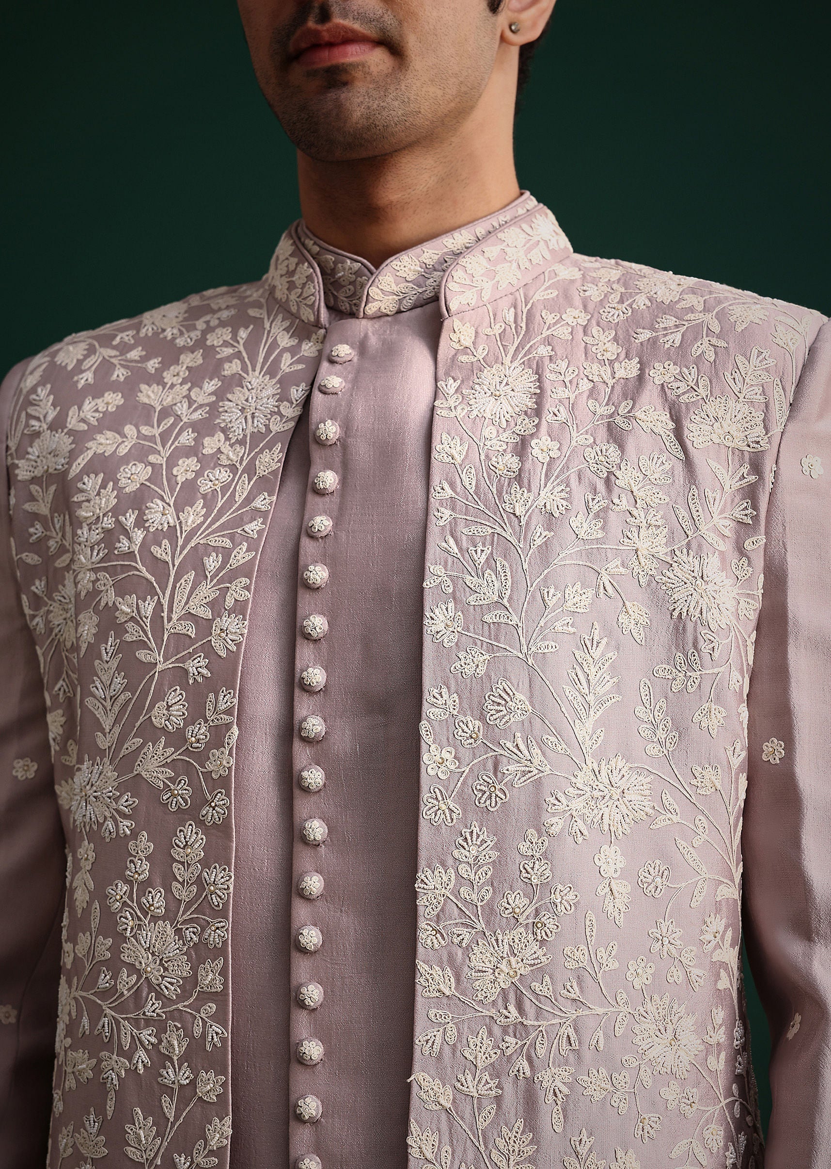 Lilac Cotton Silk Sherwani Kurta Set With Hand Work - Image 2