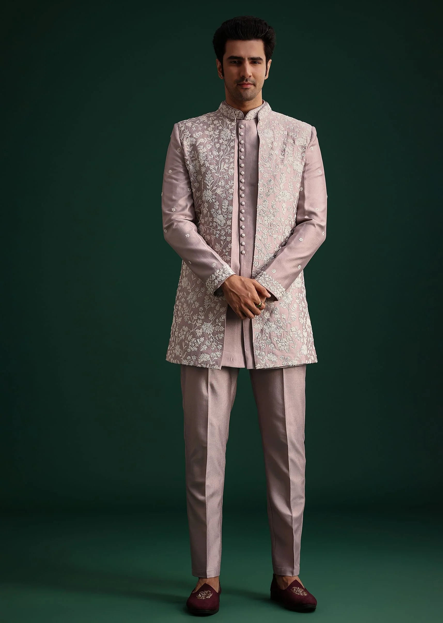 Lilac Cotton Silk Sherwani Kurta Set With Hand Work - Image 3