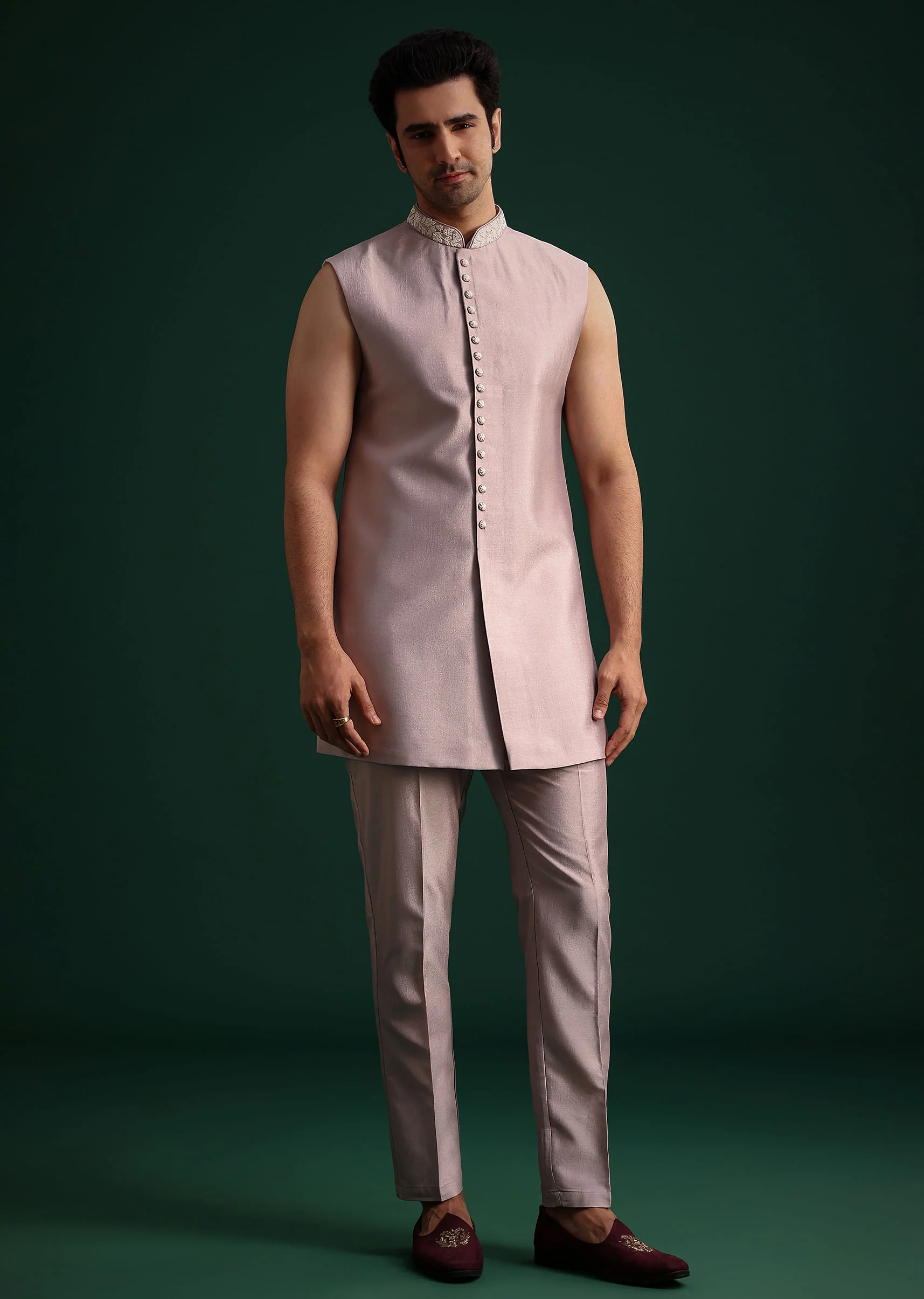 Lilac Cotton Silk Sherwani Kurta Set With Hand Work - Image 6