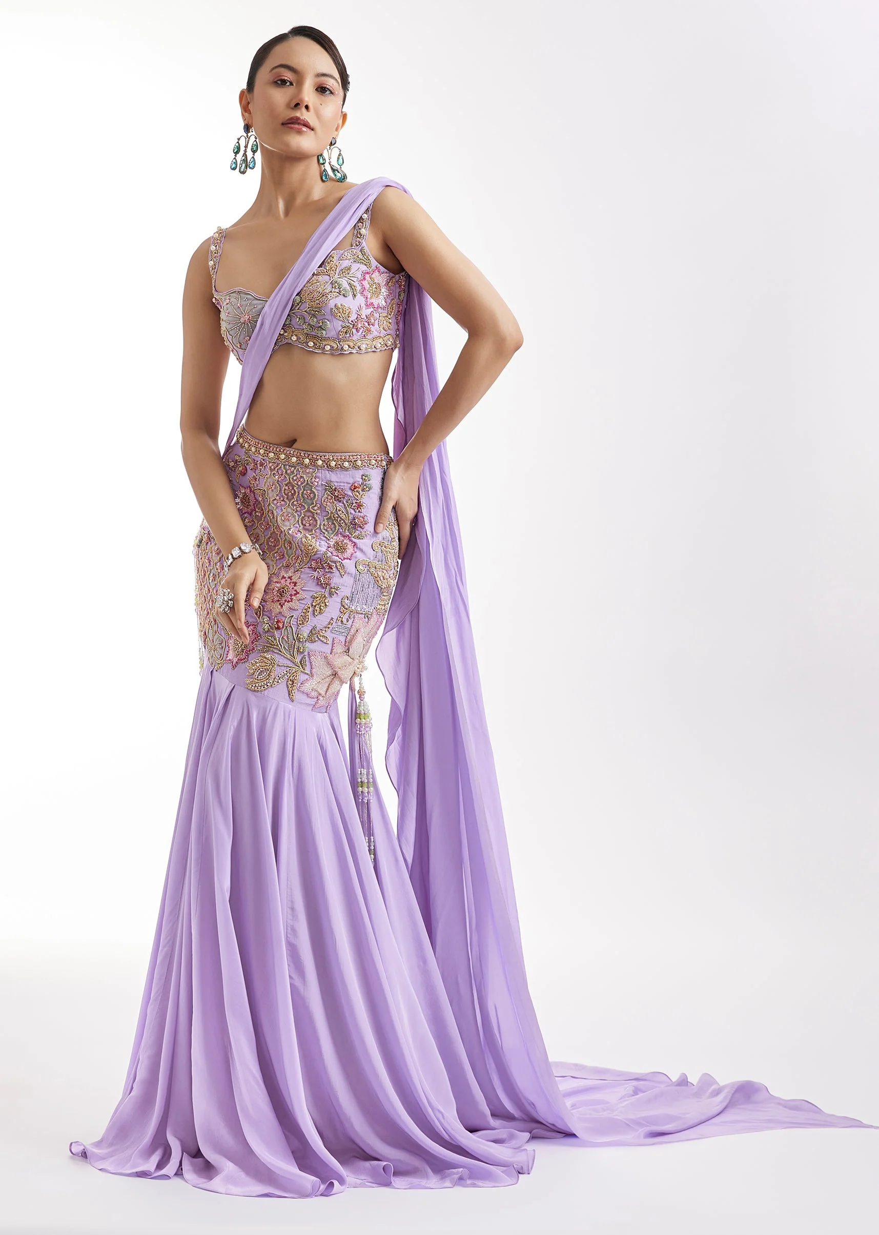 Lilac Embroidered Blouse And Draped Skirt Set