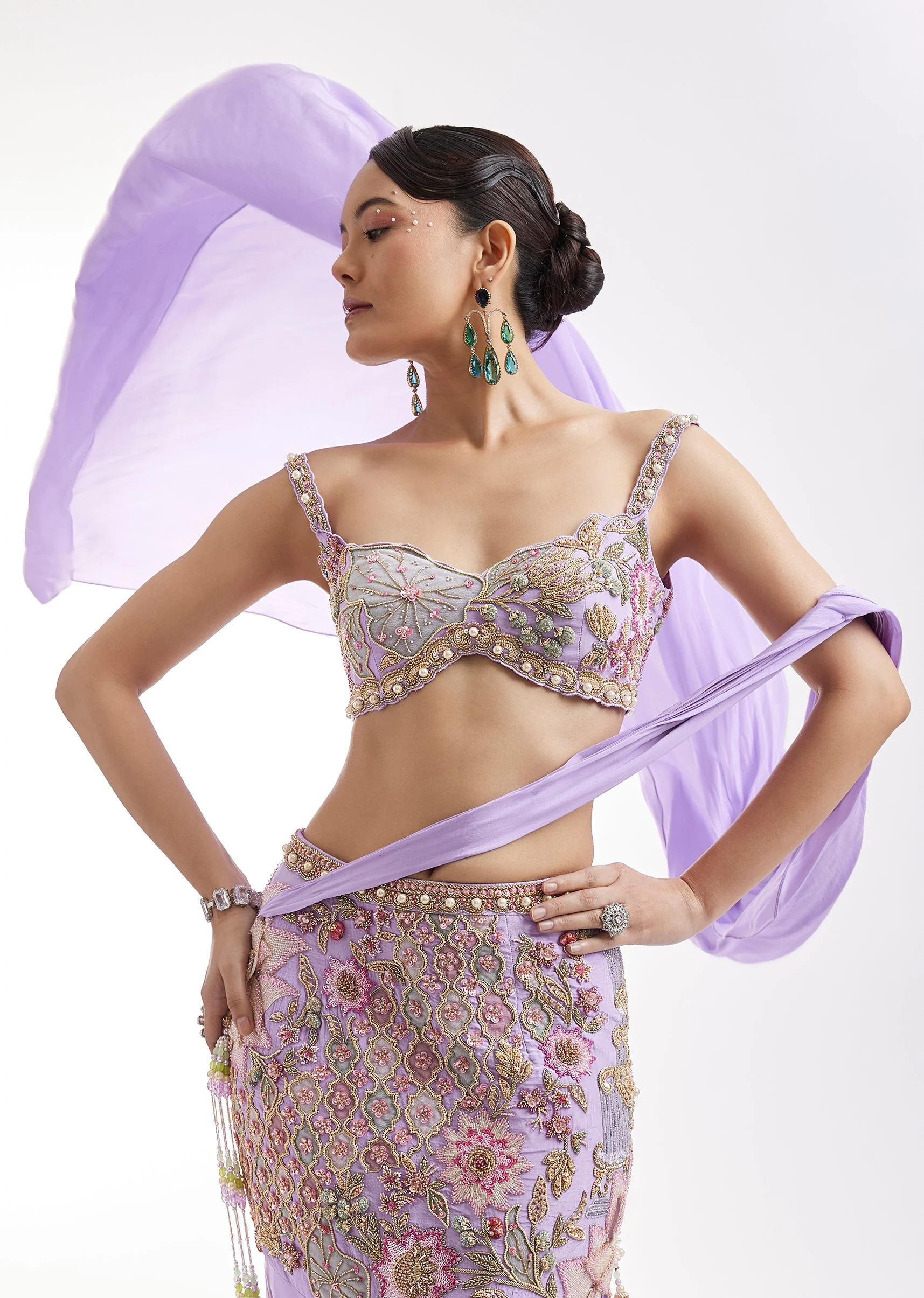Lilac Embroidered Blouse And Draped Skirt Set - Image 2